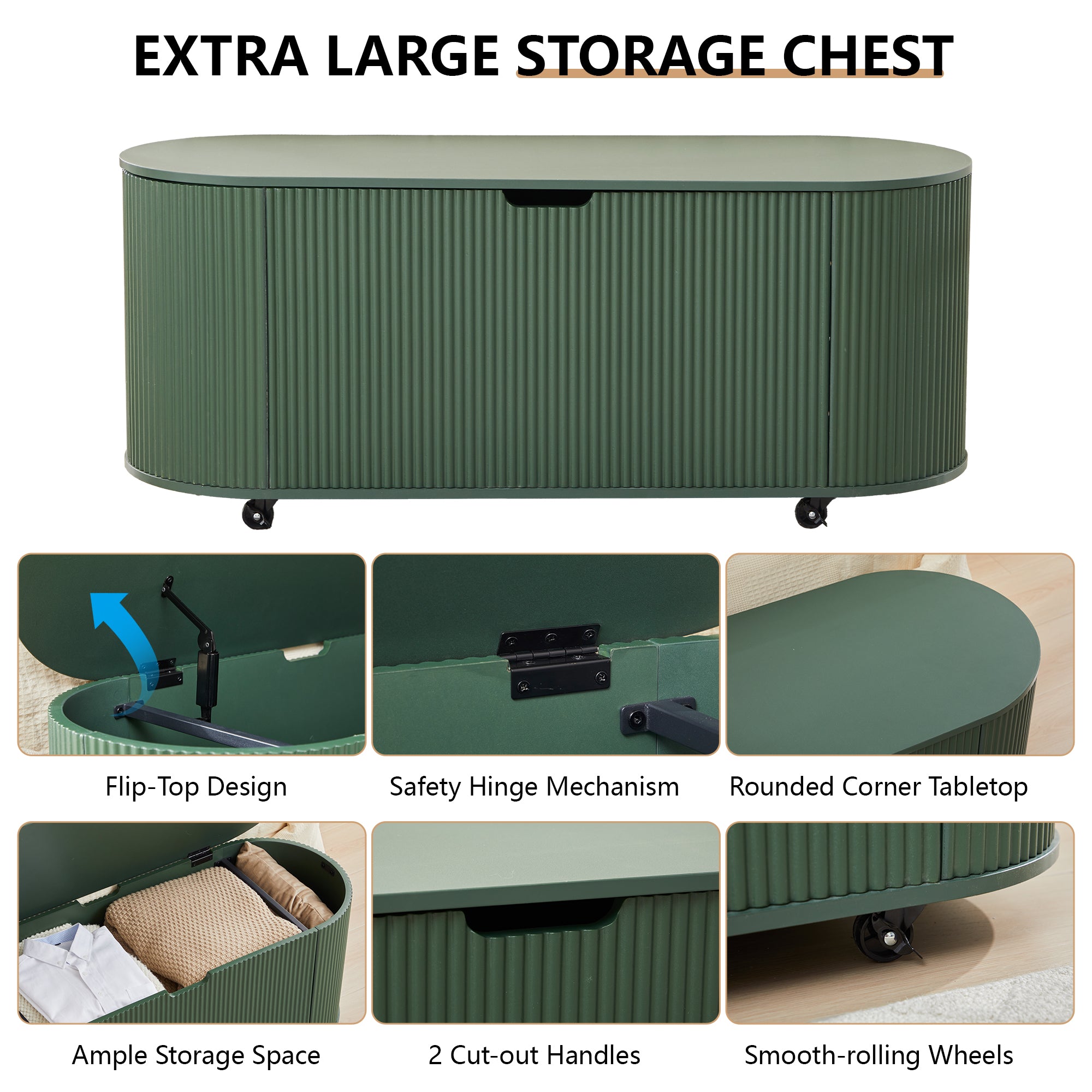 YOCWO Oval Storage Bench with Flip Top and Wheels, Fluted Wave Entryway Bench with Storage End of Bed Bench for Bedroom& Living Room