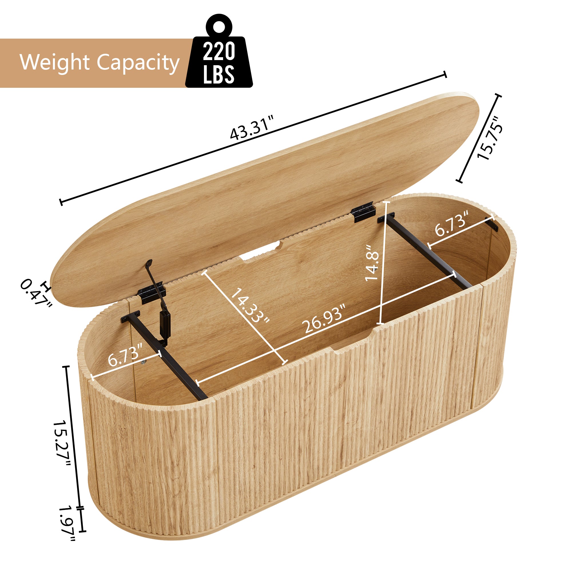YOCWO Oval Storage Bench with Flip Top and Wheels, Fluted Wave Entryway Bench with Storage End of Bed Bench for Bedroom& Living Room