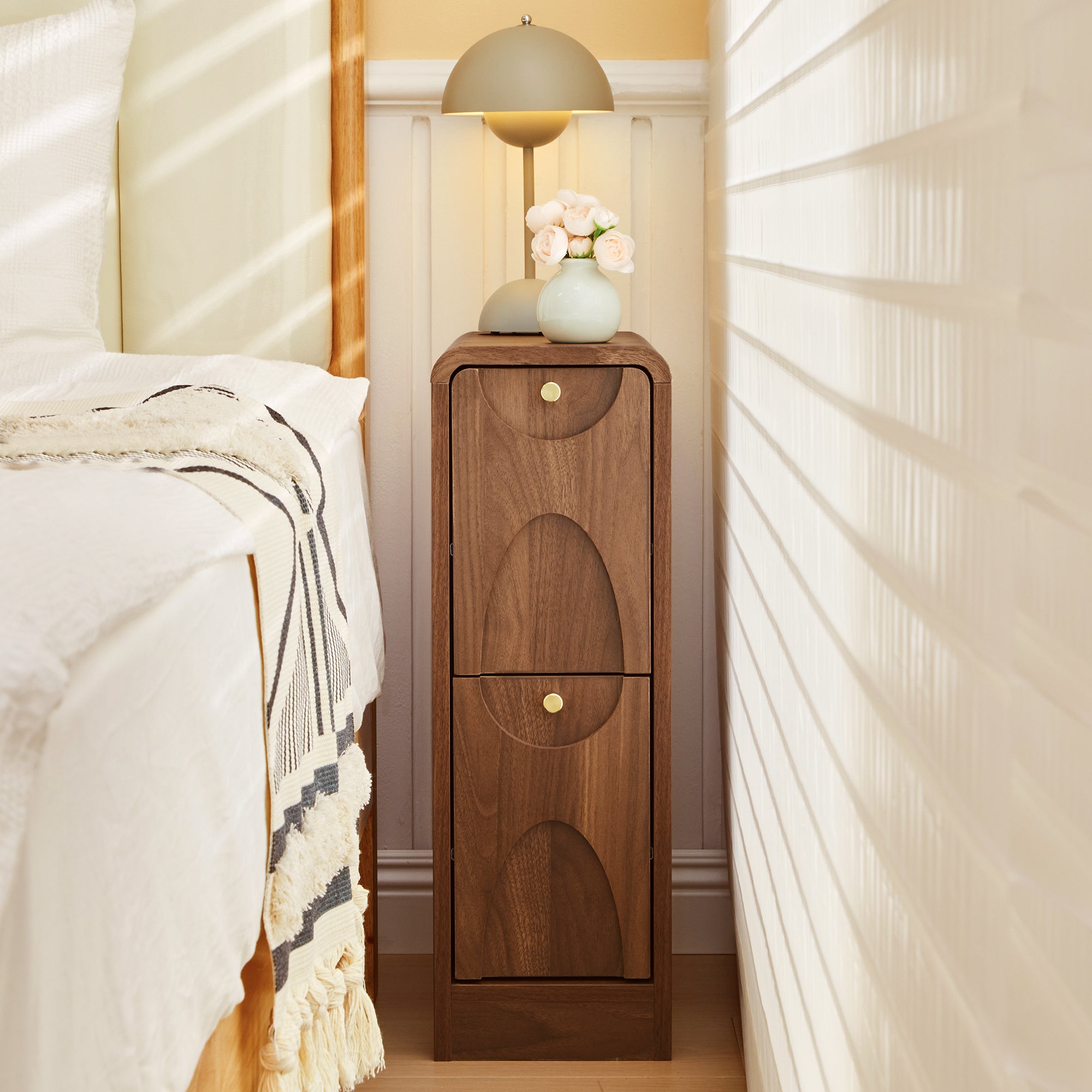 7.87" Ultra Narrow Nightstand with 2 Drawer, Slim End Table with Arched Pattern Design Bedside Table for Bedroom