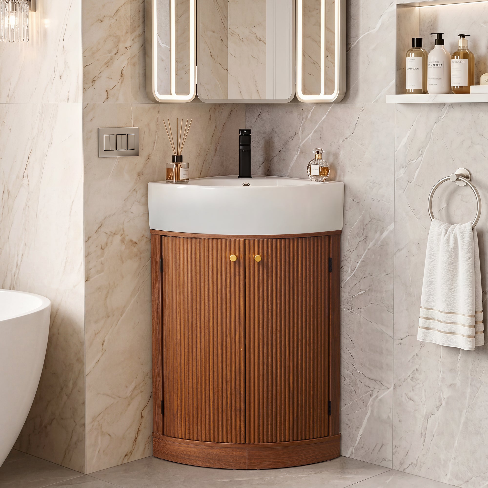 YOCWO Fluted Corner Bathroom Vanity with Sink,Freestanding Space-Saving Bathroom Vanity Sink Combo, Wall Drainage Only, Floor Drainage NO