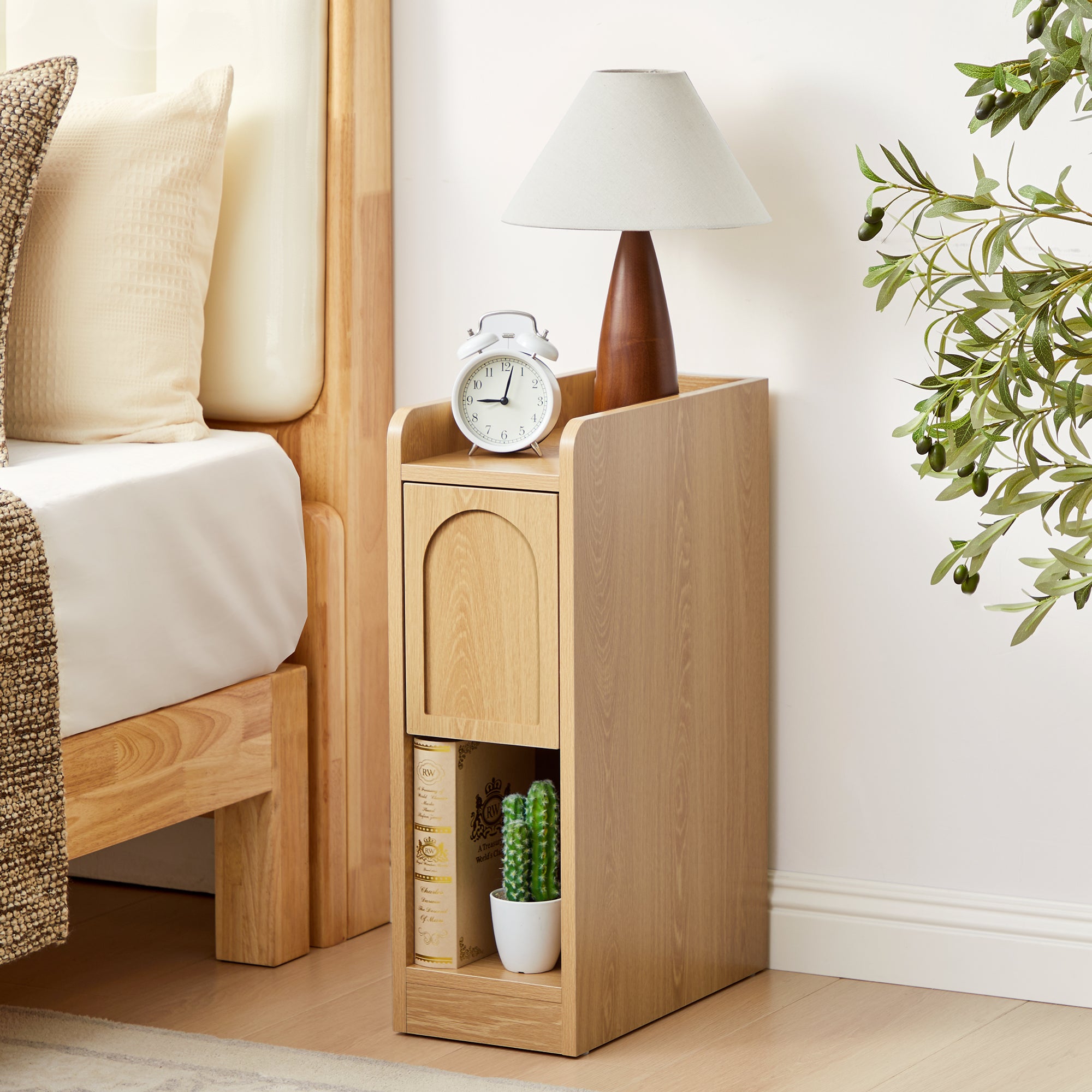 7.87" Ultra Narrow Nightstand Set of 2 with Drawer and Open Shelf, Arched Pattern Design Bedside Table for Bedroom