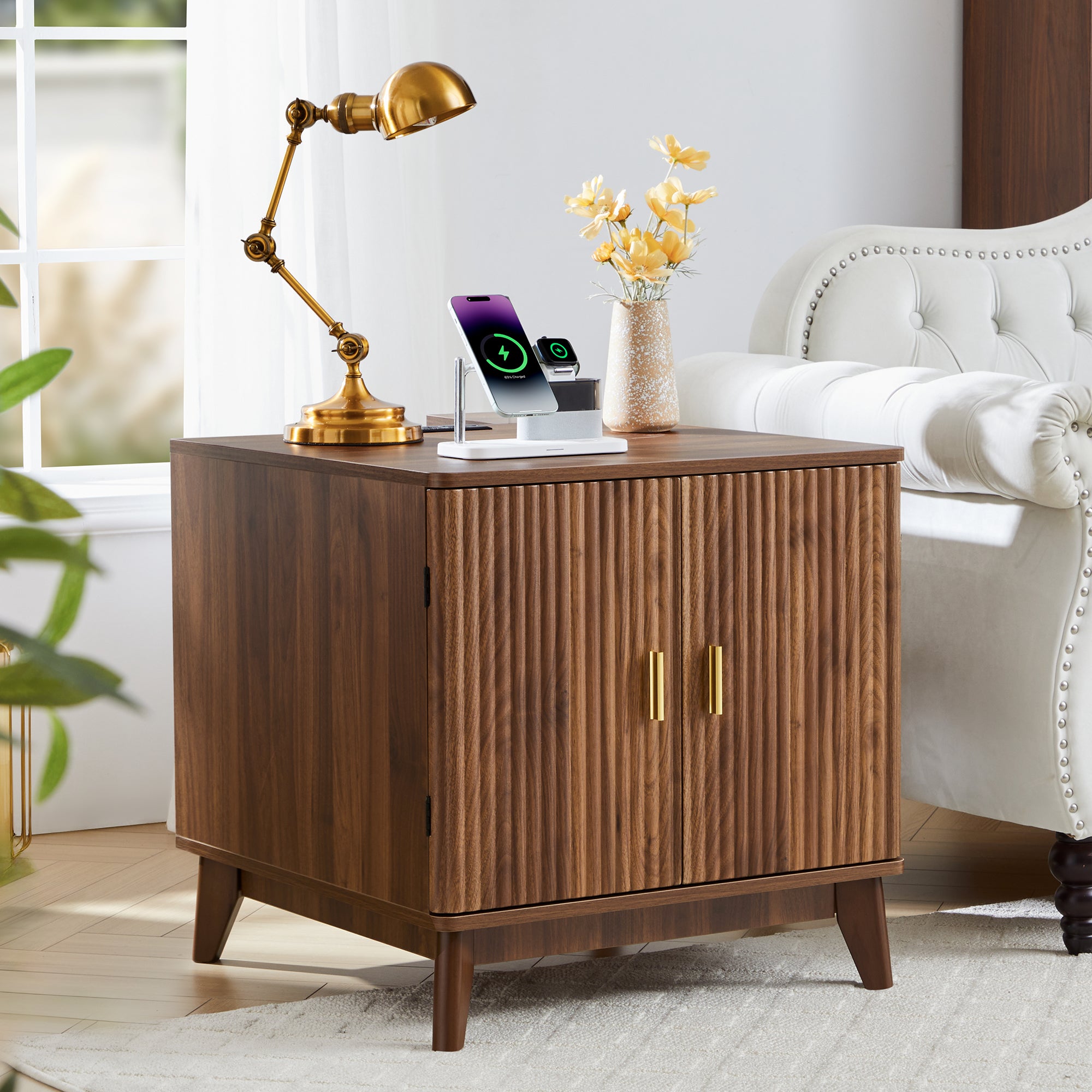 YOCWO Fluted Square Nightstand with Charging Station for Bedroom, Wood End Table with 2 Door for Living Room