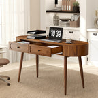 YOCWO Modern Home Office Desk with 2 Drawers and 2 Fflip-top Storage, Oval Computer PC Desk Table, Vanity Desk with Fluted Curved Table Edge
