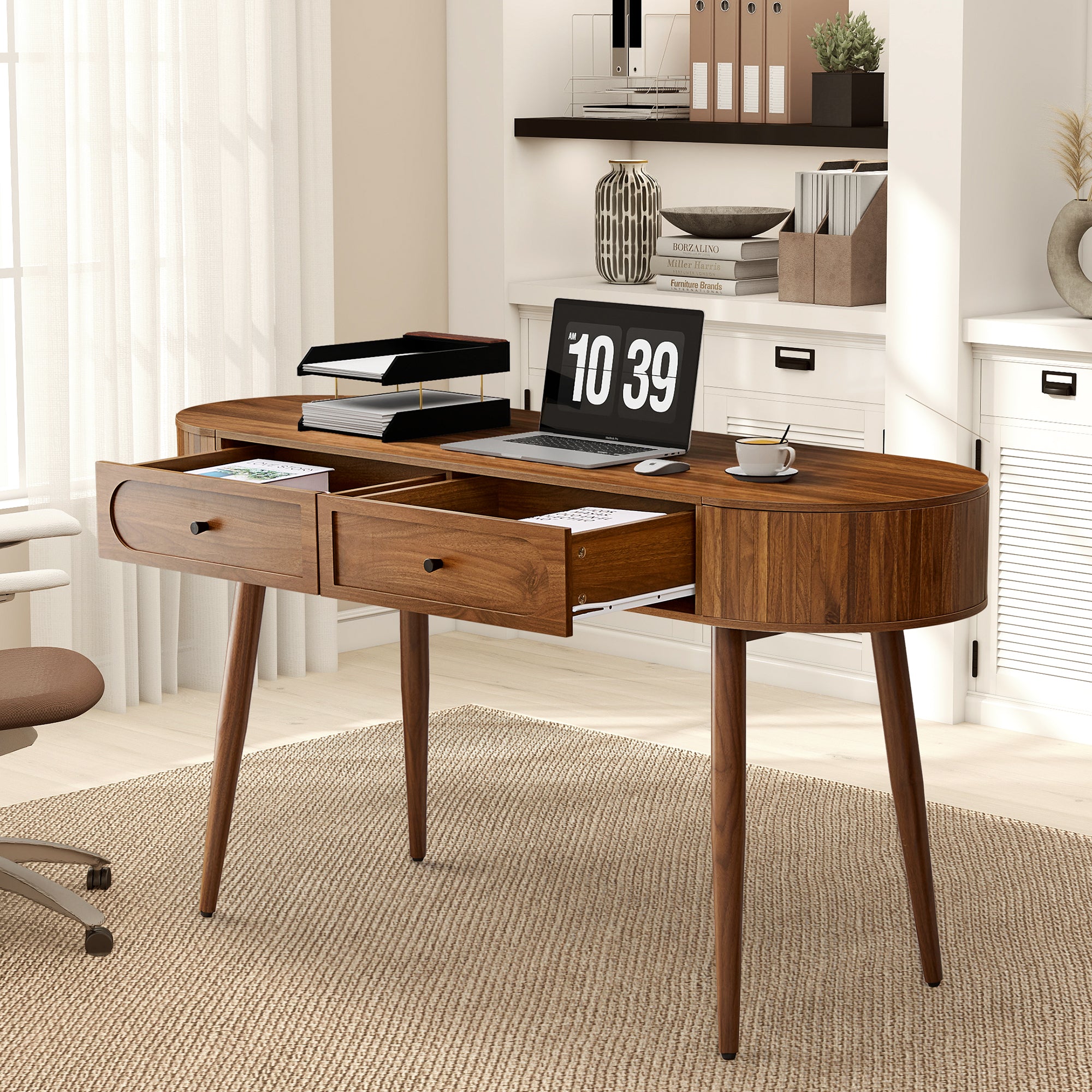 YOCWO Modern Home Office Desk with 2 Drawers and 2 Fflip-top Storage, Oval Computer PC Desk Table, Vanity Desk with Fluted Curved Table Edge