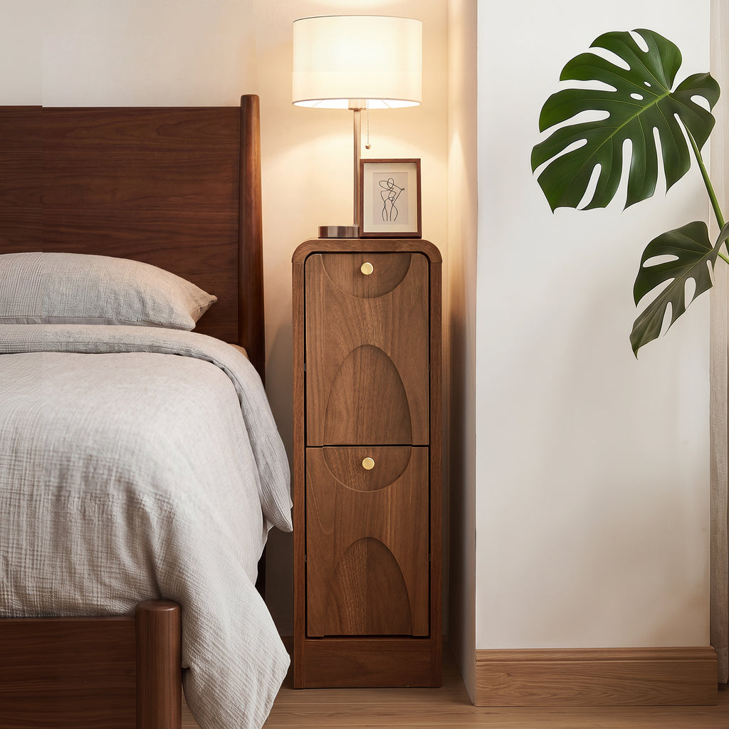 7.87" Ultra Narrow Nightstand with 2 Drawer, Slim End Table with Arched Pattern Design Bedside Table for Bedroom