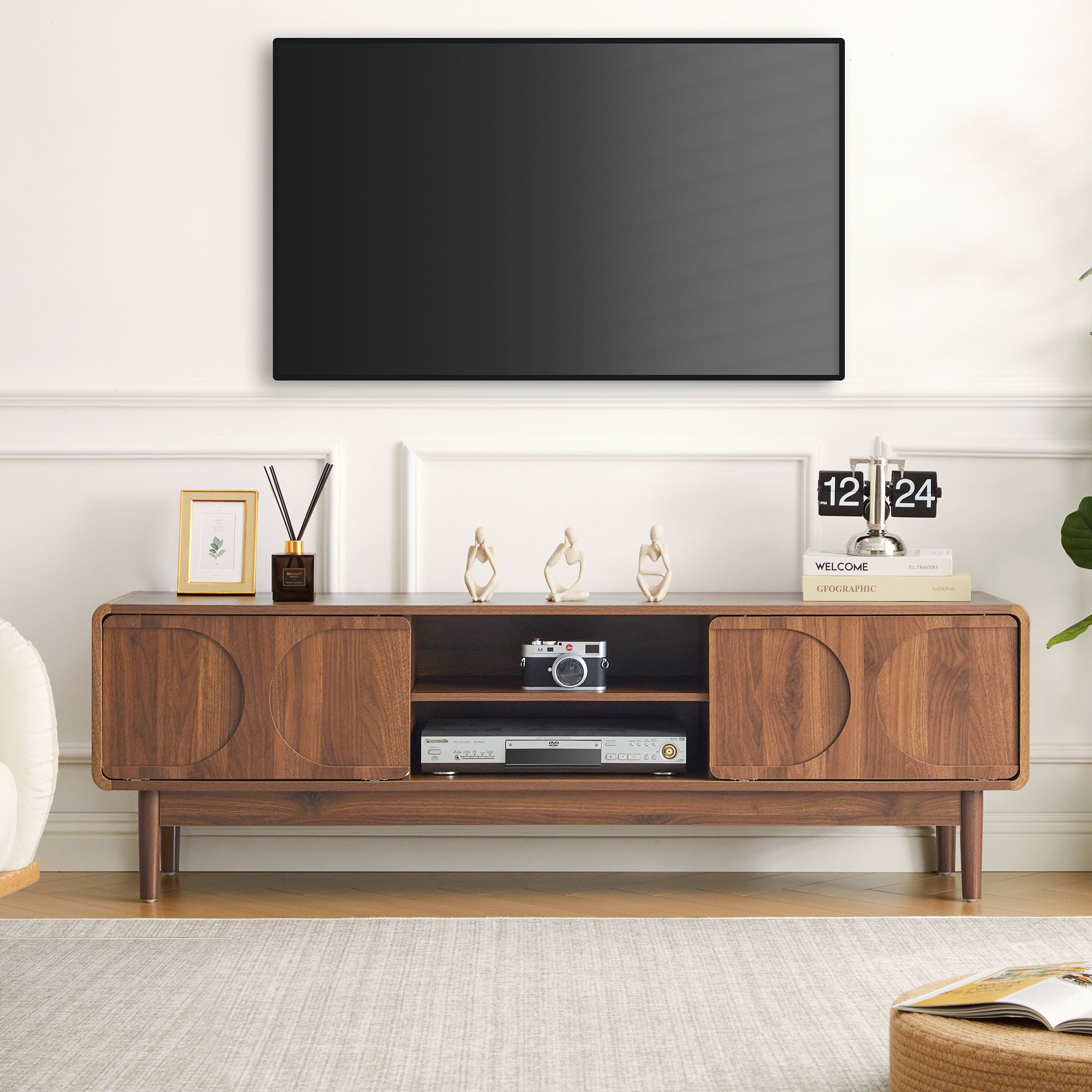 YOCWO TV Stands for 65 inch TV, Modern Farmhouse Entertainment Center with 2 Sliding Doors, Arched Fluted TV Console with Storage, Wood Media Console Cabinet