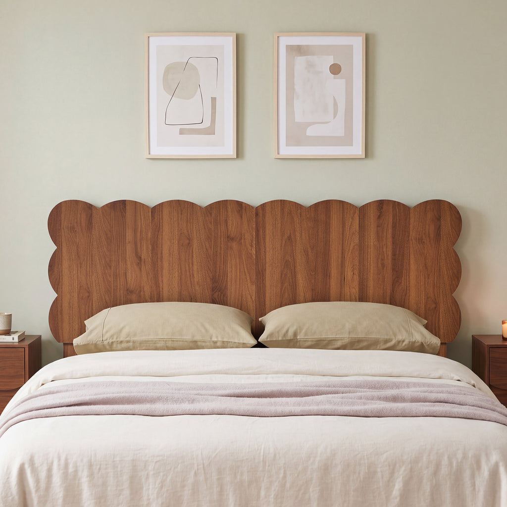 YOCWO Scalloped Queen/King/Full Size Headboard, Wooden Headboard with Wave Shape, Modern Farmhouse Bed Headboard, Easy Assembly, Walnut