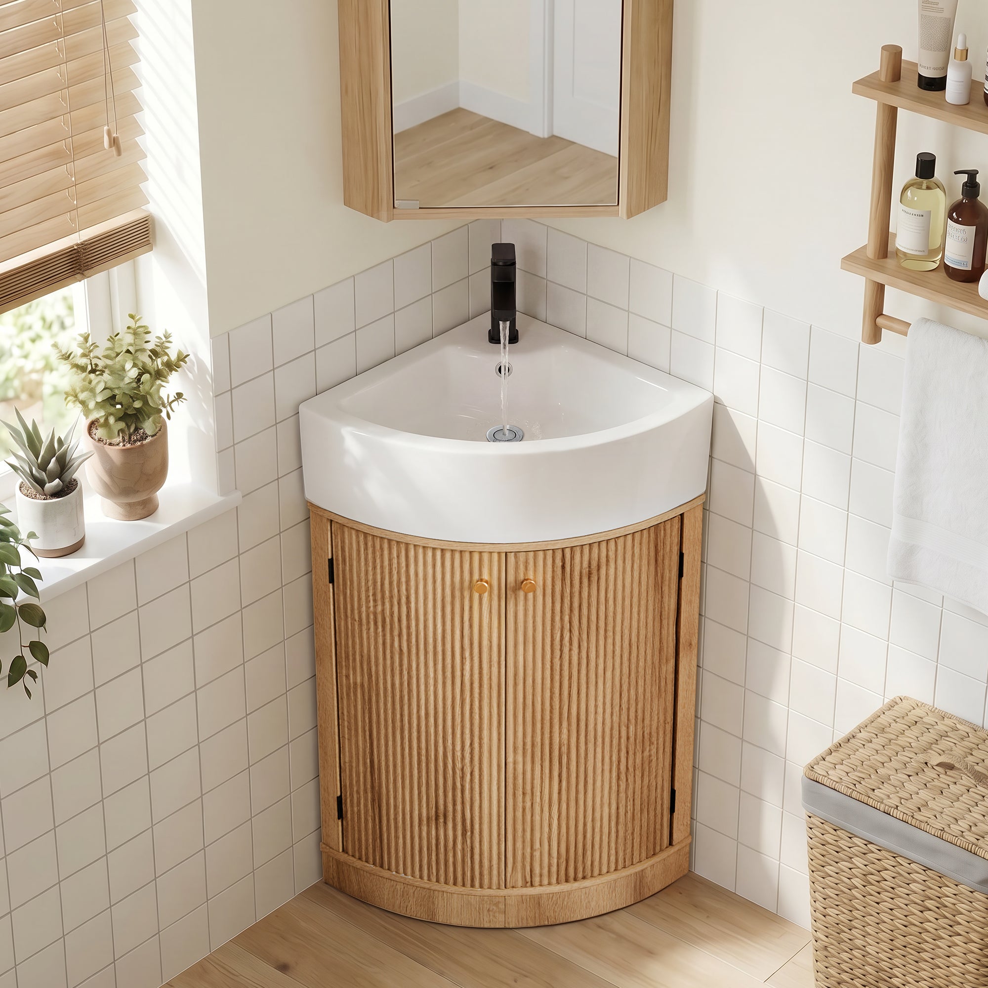 YOCWO Fluted Corner Bathroom Vanity with Sink,Freestanding Space-Saving Bathroom Vanity Sink Combo, Wall Drainage Only, Floor Drainage NO