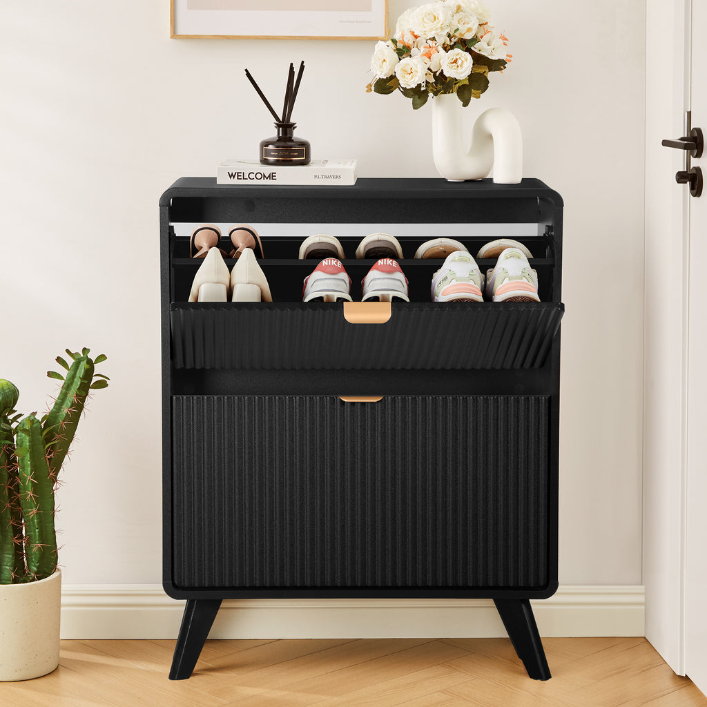 YOCWO Fluted Shoe Storage Cabinet with 2 Flip Drawers, Modern Wood Shoe Rack Organizer, Freestanding Narrow Shoe Cabinet for Entryway Hallway