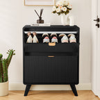 YOCWO Fluted Shoe Storage Cabinet with 2 Flip Drawers, Modern Wood Shoe Rack Organizer, Freestanding Narrow Shoe Cabinet for Entryway Hallway