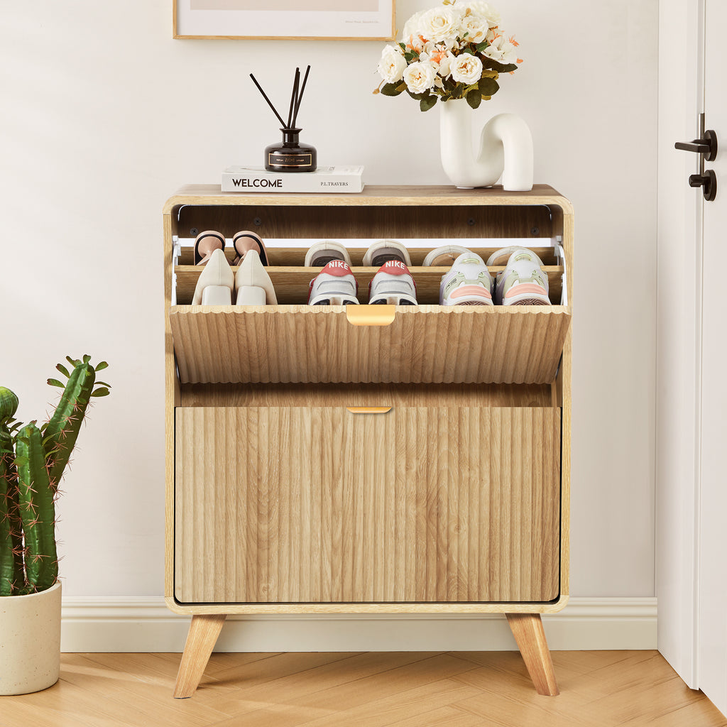 YOCWO Fluted Shoe Storage Cabinet with 2 Flip Drawers, Modern Wood Shoe Rack Organizer, Freestanding Narrow Shoe Cabinet for Entryway Hallway