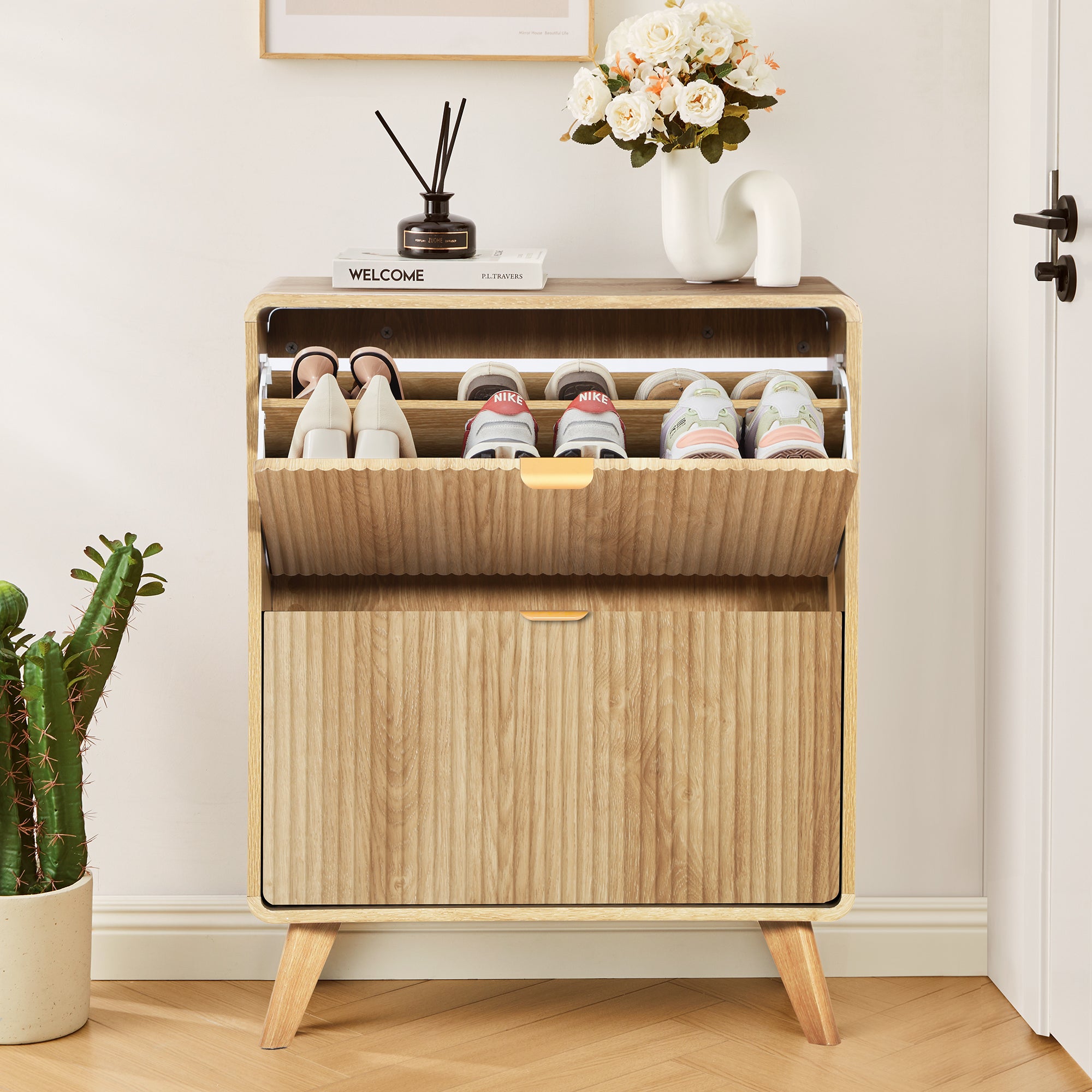 YOCWO Fluted Shoe Storage Cabinet with 2 Flip Drawers, Modern Wood Shoe Rack Organizer, Freestanding Narrow Shoe Cabinet for Entryway Hallway