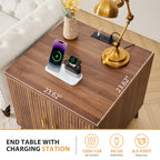 YOCWO Fluted Square Nightstand with Charging Station for Bedroom, Wood End Table with 2 Door for Living Room