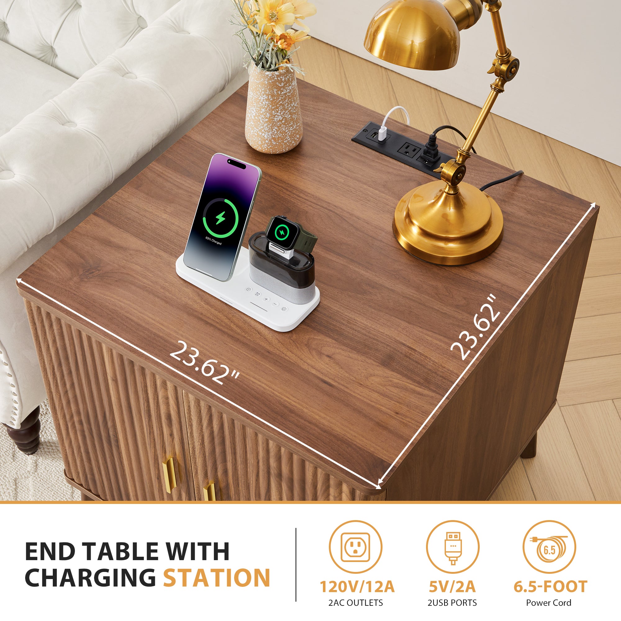 YOCWO Fluted Square Nightstand with Charging Station for Bedroom, Wood End Table with 2 Door for Living Room