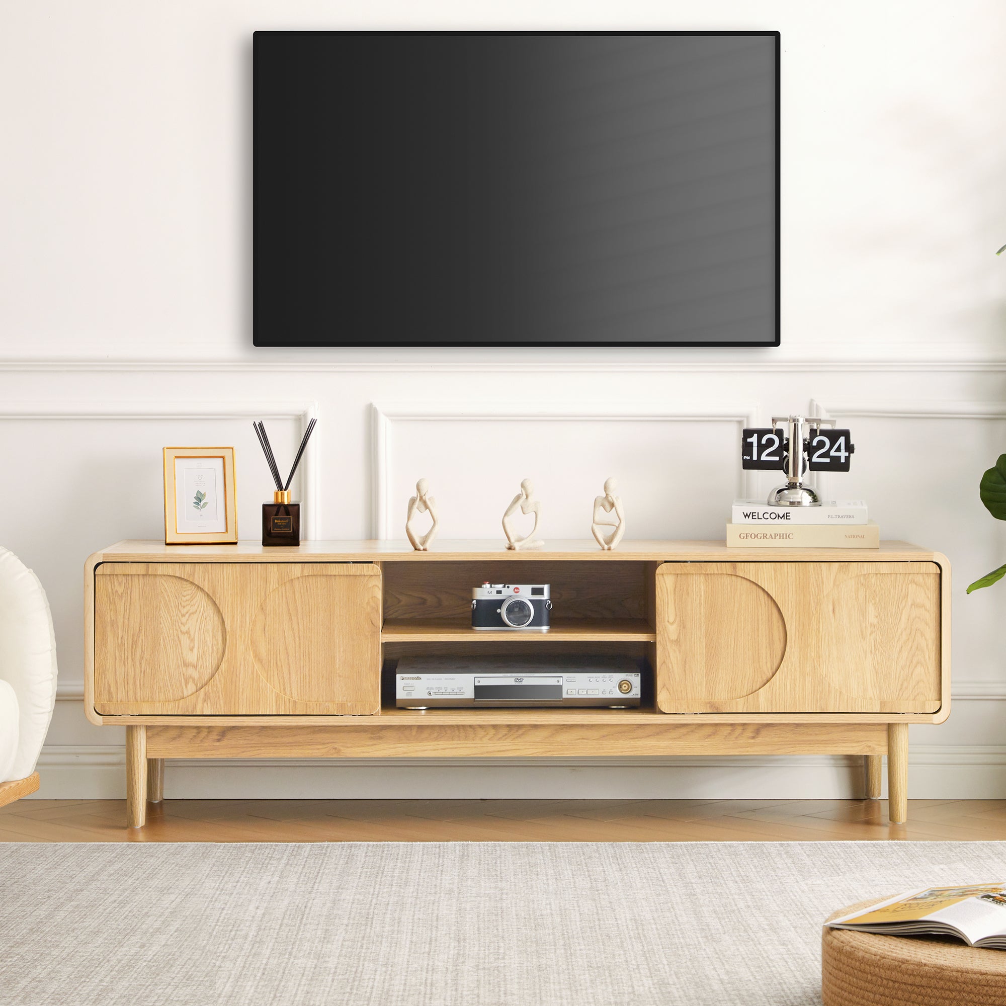 YOCWO TV Stands for 65 inch TV, Modern Farmhouse Entertainment Center with 2 Sliding Doors, Arched Fluted TV Console with Storage, Wood Media Console Cabinet