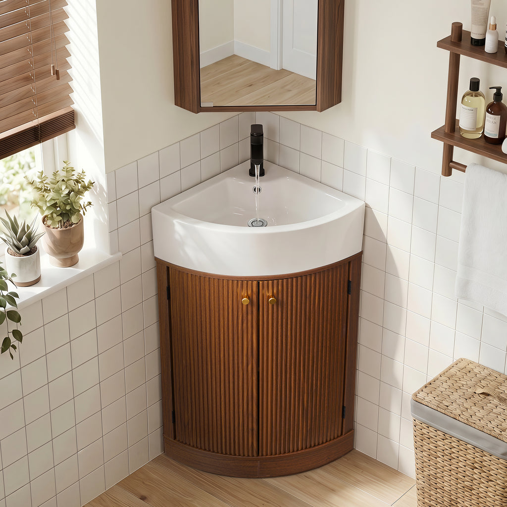 YOCWO Fluted Corner Bathroom Vanity with Sink,Freestanding Space-Saving Bathroom Vanity Sink Combo, Wall Drainage Only, Floor Drainage NO