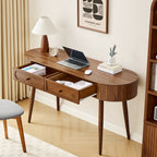 YOCWO Modern Home Office Desk with 2 Drawers and 2 Fflip-top Storage, Oval Computer PC Desk Table, Vanity Desk with Fluted Curved Table Edge