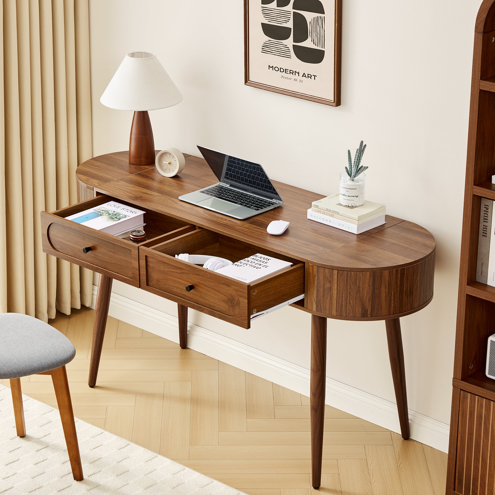 YOCWO Modern Home Office Desk with 2 Drawers and 2 Fflip-top Storage, Oval Computer PC Desk Table, Vanity Desk with Fluted Curved Table Edge