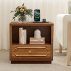 YOCWO Nightstand Set of 2 with Drawers and Charging Station for Bedroom, Mid Century Bedside Table with Open Shelf for Storage, Arched Drawer and Fluted Side