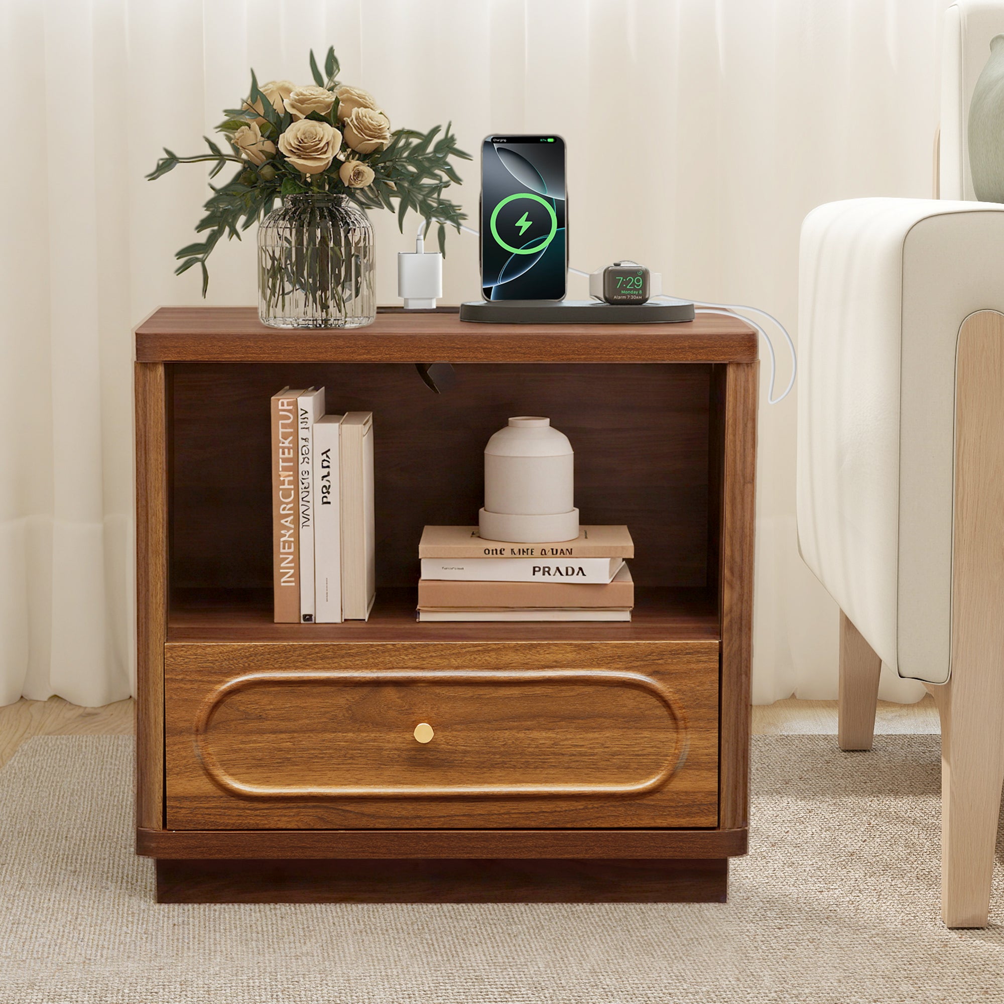 YOCWO Nightstand Set of 2 with Drawers and Charging Station for Bedroom, Mid Century Bedside Table with Open Shelf for Storage, Arched Drawer and Fluted Side