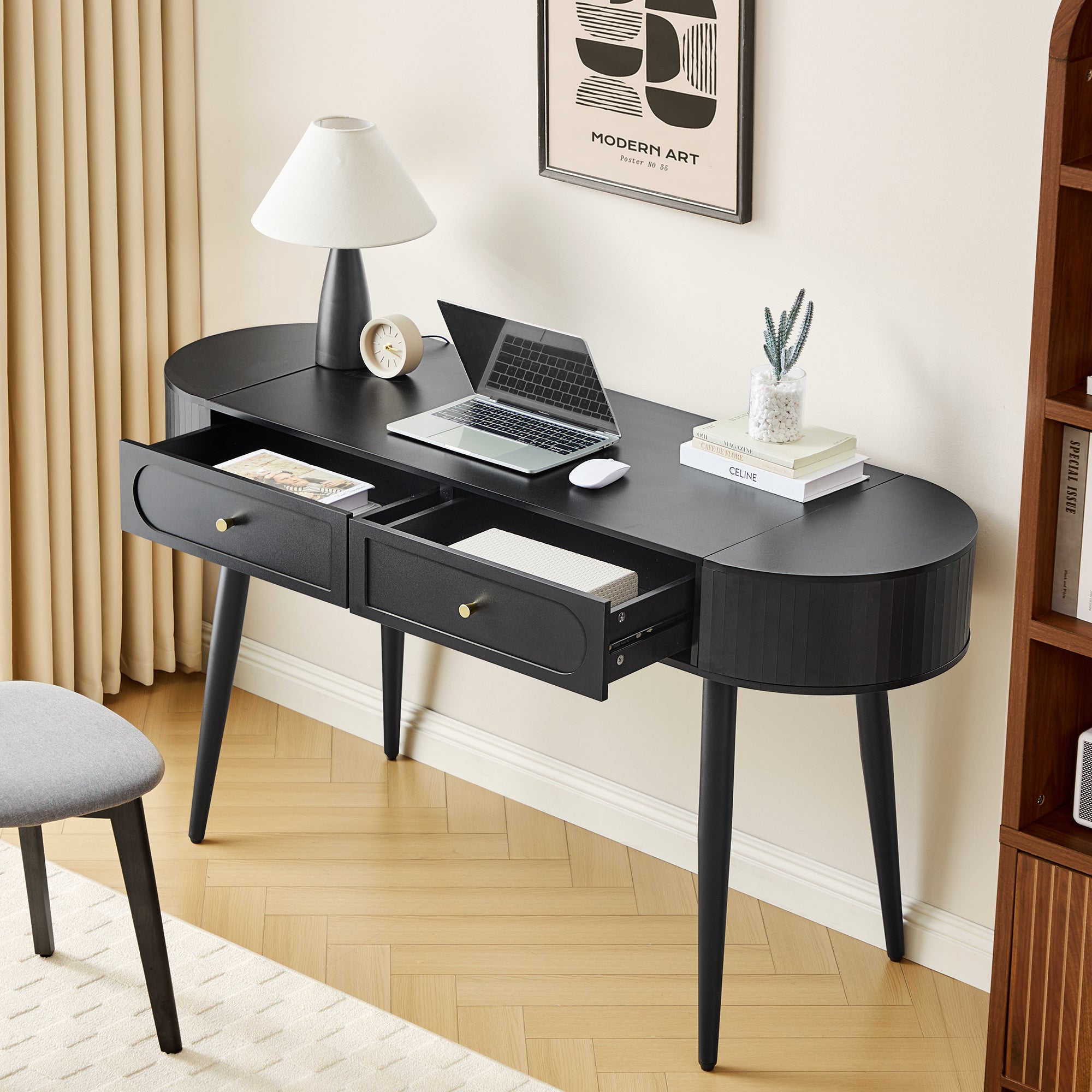 YOCWO Modern Home Office Desk with 2 Drawers and 2 Fflip-top Storage, Oval Computer PC Desk Table, Vanity Desk with Fluted Curved Table Edge