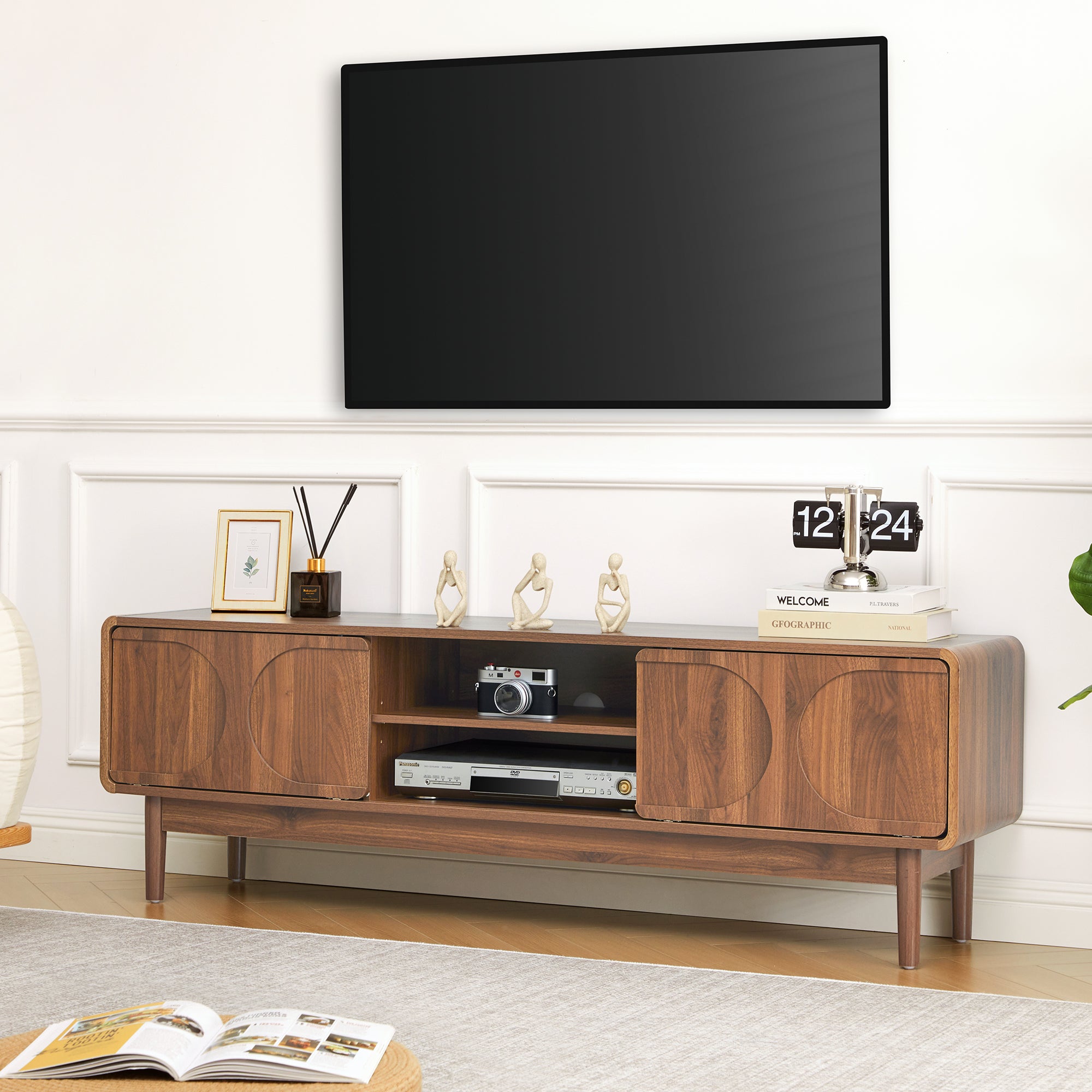 YOCWO TV Stands for 65 inch TV, Modern Farmhouse Entertainment Center with 2 Sliding Doors, Arched Fluted TV Console with Storage, Wood Media Console Cabinet