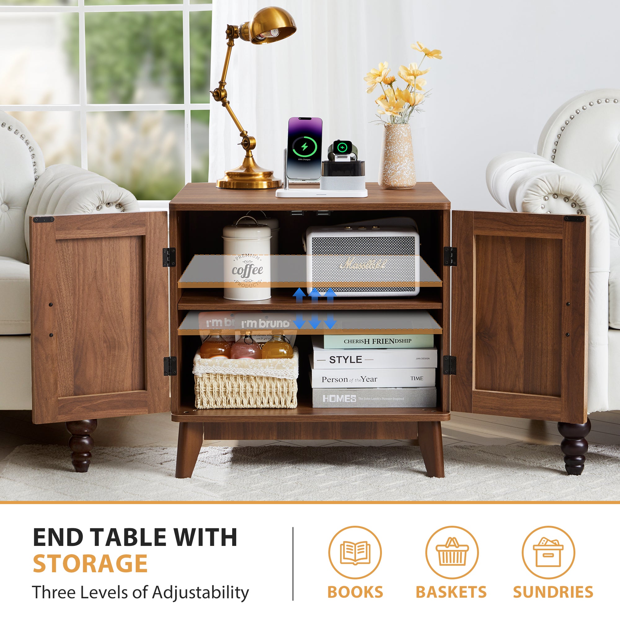 YOCWO Fluted Square Nightstand with Charging Station for Bedroom, Wood End Table with 2 Door for Living Room