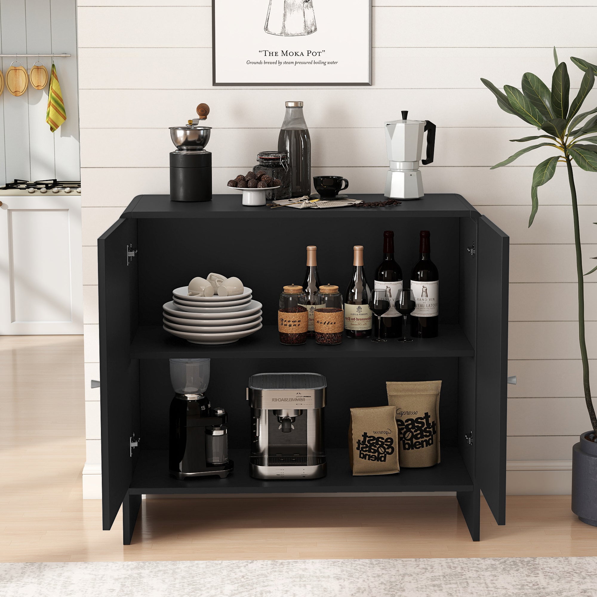 Accent Cabinet with Printed Arched Line Pattern, Modern Buffet Sideboard with Adjustable Shelves, Decorative Storage Cabinets for Bedroom Living Room Kitchen Office Entryway and Hallway