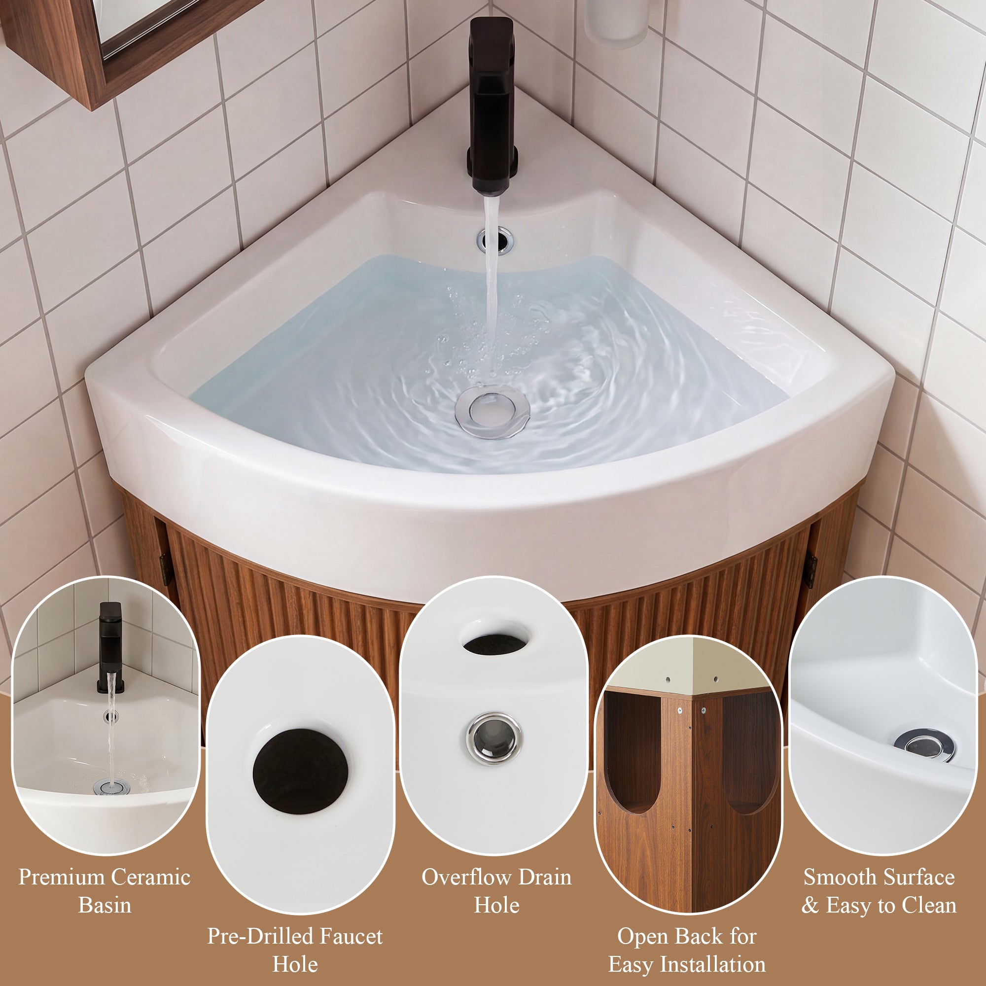 YOCWO Fluted Corner Bathroom Vanity with Sink,Freestanding Space-Saving Bathroom Vanity Sink Combo, Wall Drainage Only, Floor Drainage NO