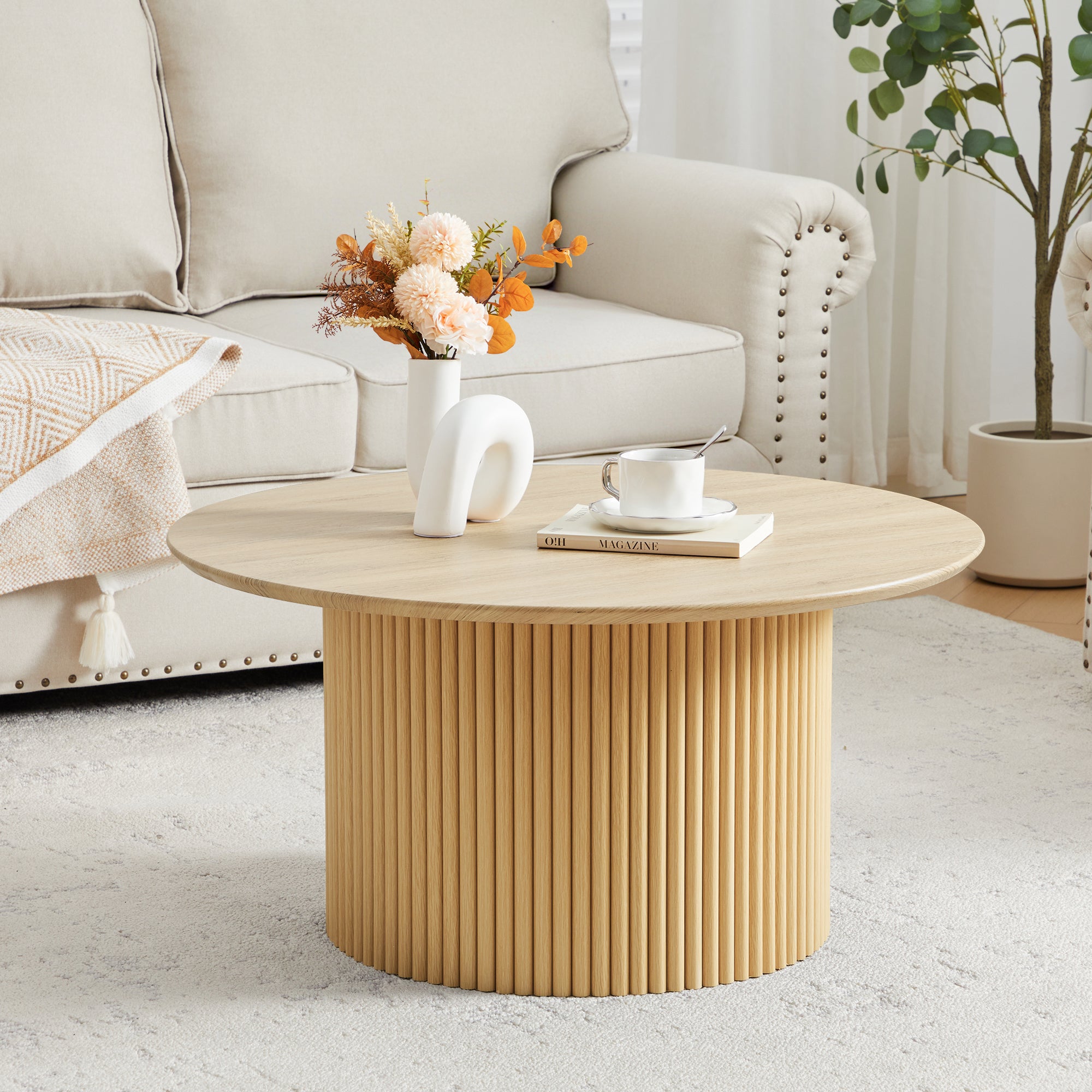 YOCWO 31.5" Small Round Coffee Table for Small Apartment Living Room, Modern Coffee Table with Fluted Drum