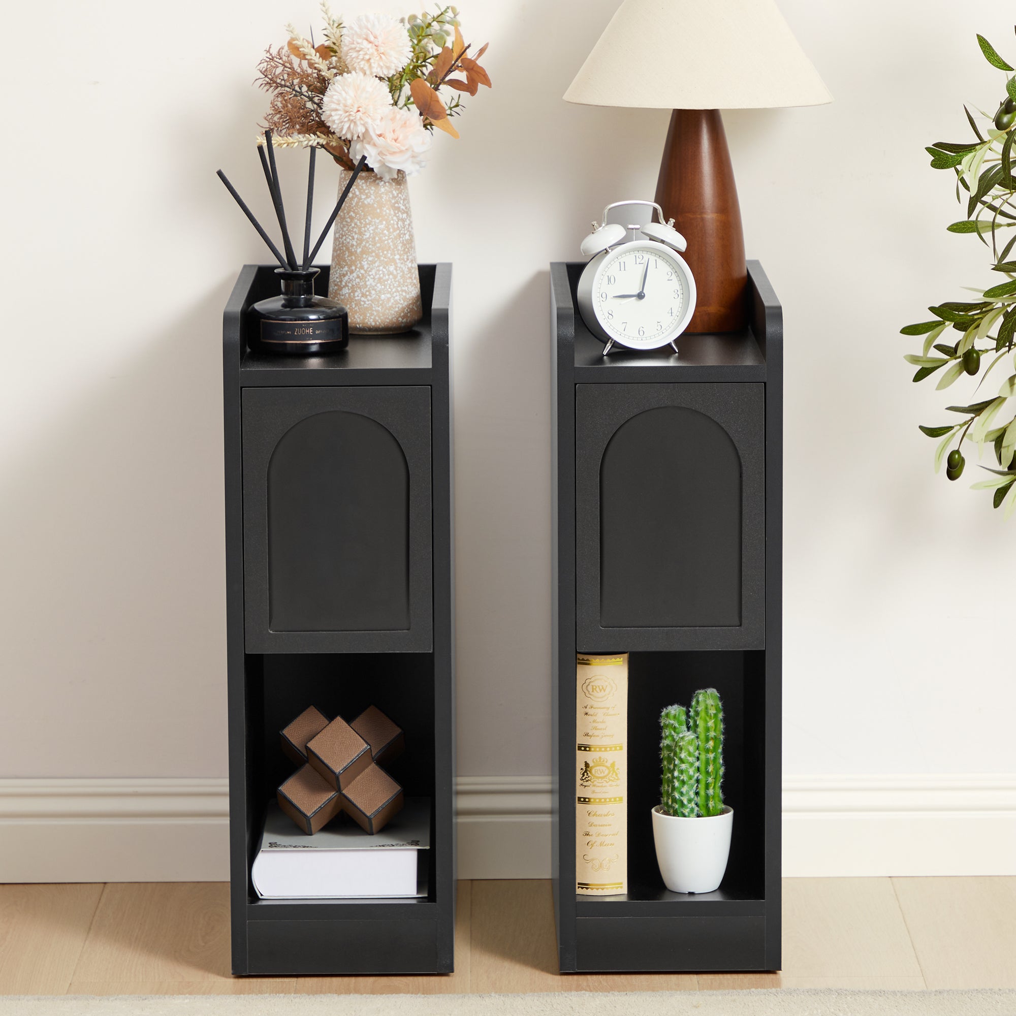 7.87" Ultra Narrow Nightstand Set of 2 with Drawer and Open Shelf, Arched Pattern Design Bedside Table for Bedroom