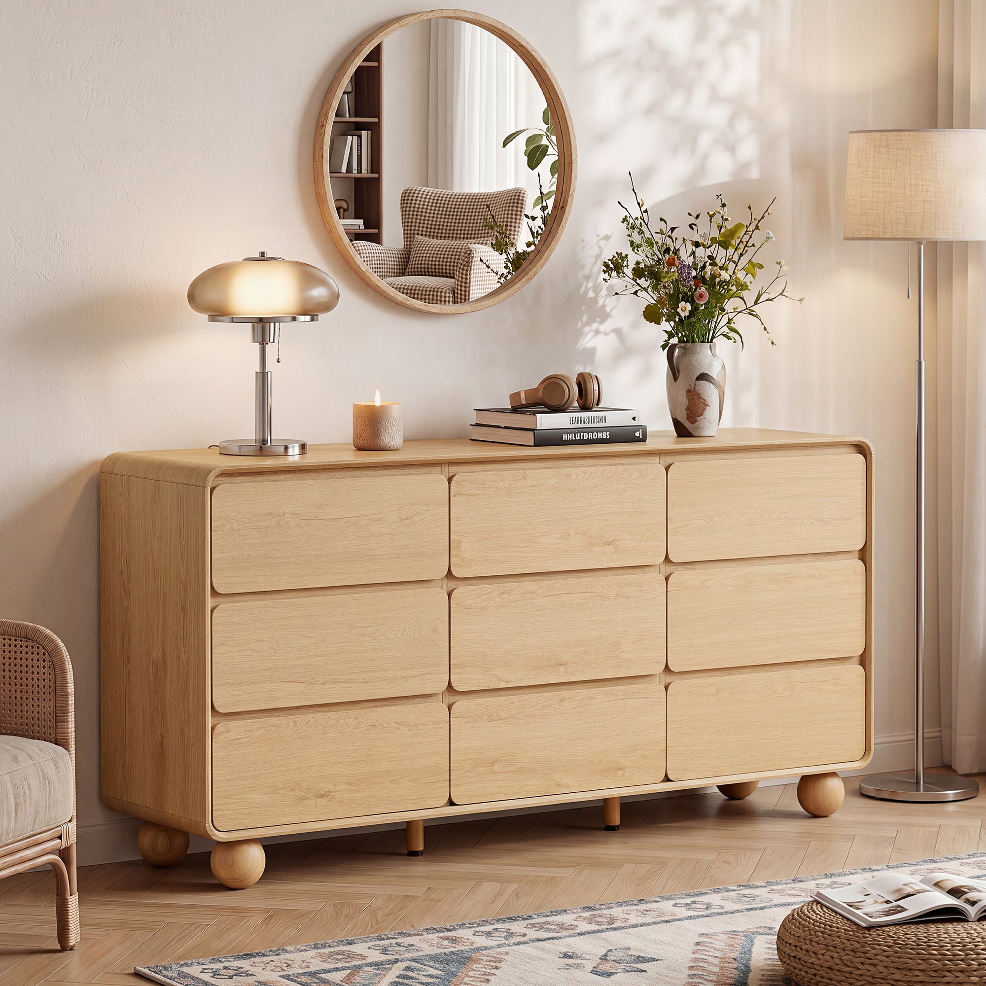 YOCWO 9 Drawer Dresser for Bedroom, Mid Century Chest of Drawers with Arc Edge and Round Leg, Wood Storage Large Dresser Organizer for Bedroom Living Room Hallway Closet