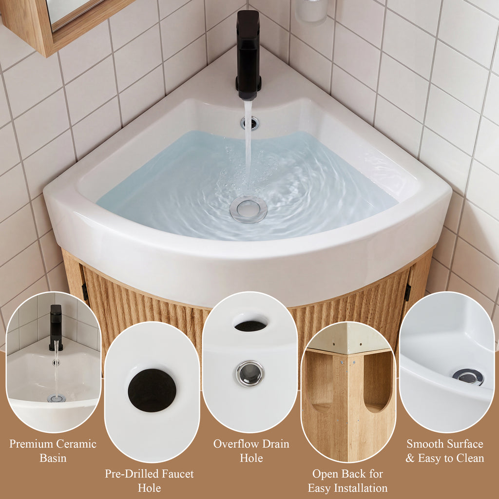 YOCWO Fluted Corner Bathroom Vanity with Sink,Freestanding Space-Saving Bathroom Vanity Sink Combo, Wall Drainage Only, Floor Drainage NO