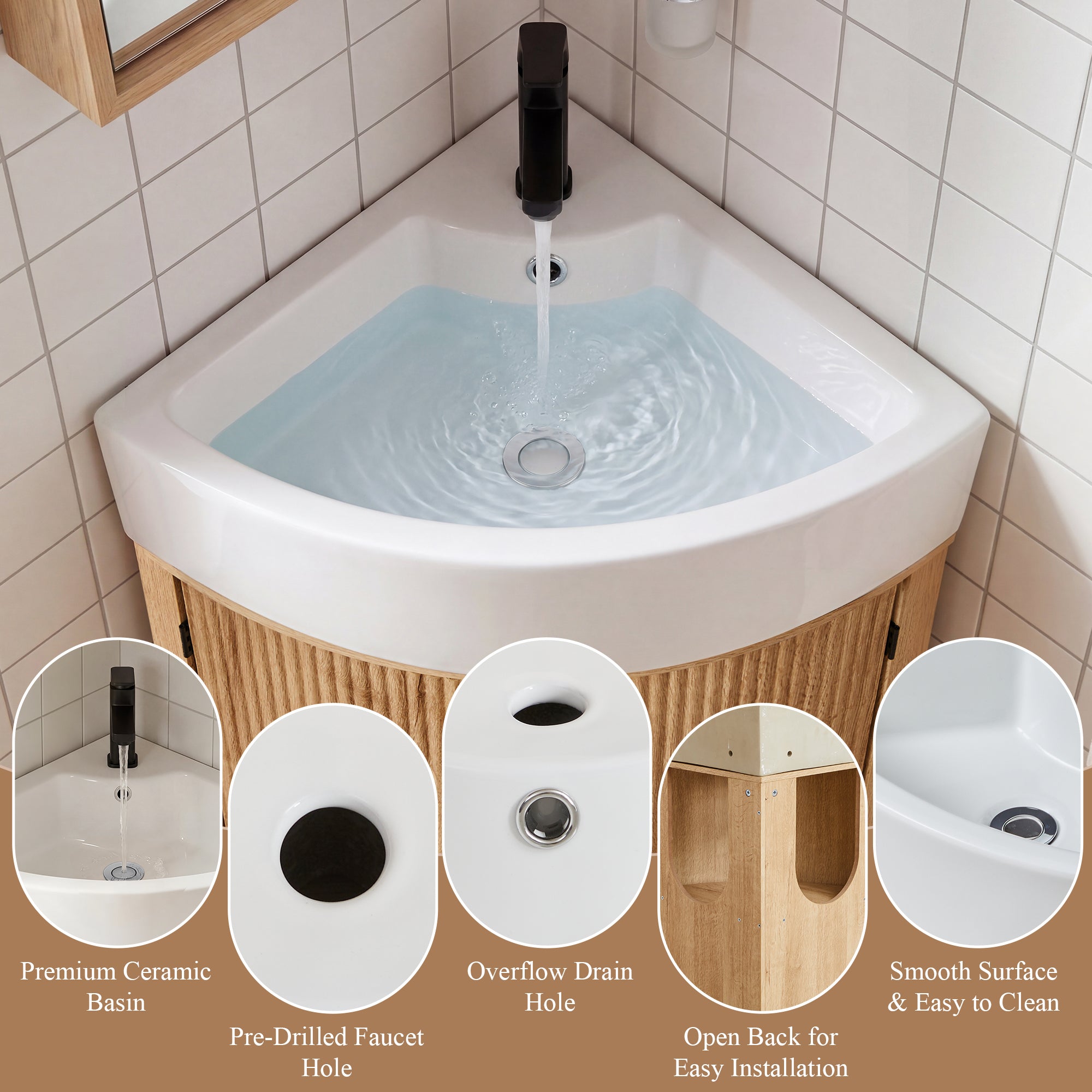 YOCWO Fluted Corner Bathroom Vanity with Sink,Freestanding Space-Saving Bathroom Vanity Sink Combo, Wall Drainage Only, Floor Drainage NO