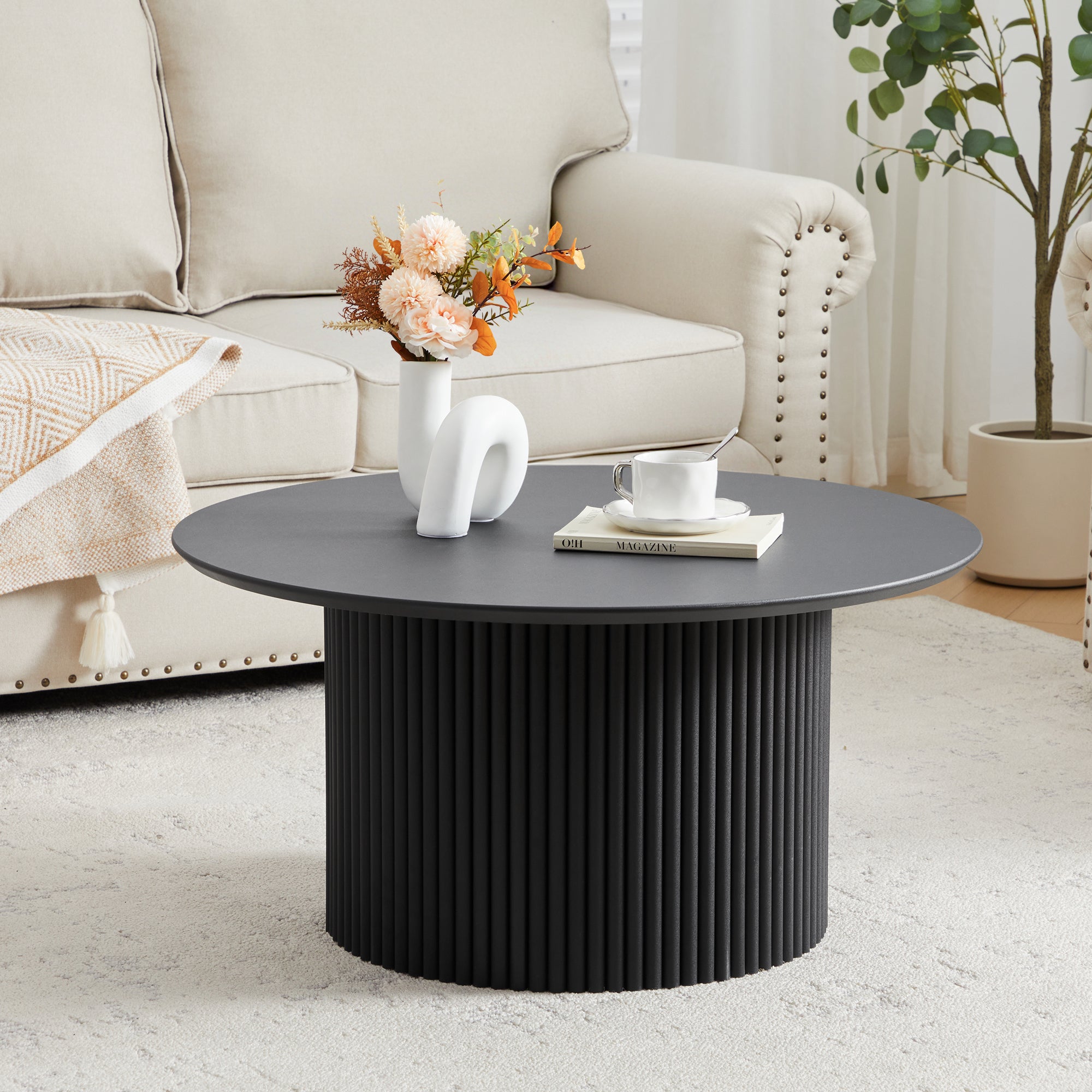 YOCWO 31.5" Small Round Coffee Table for Small Apartment Living Room, Modern Coffee Table with Fluted Drum