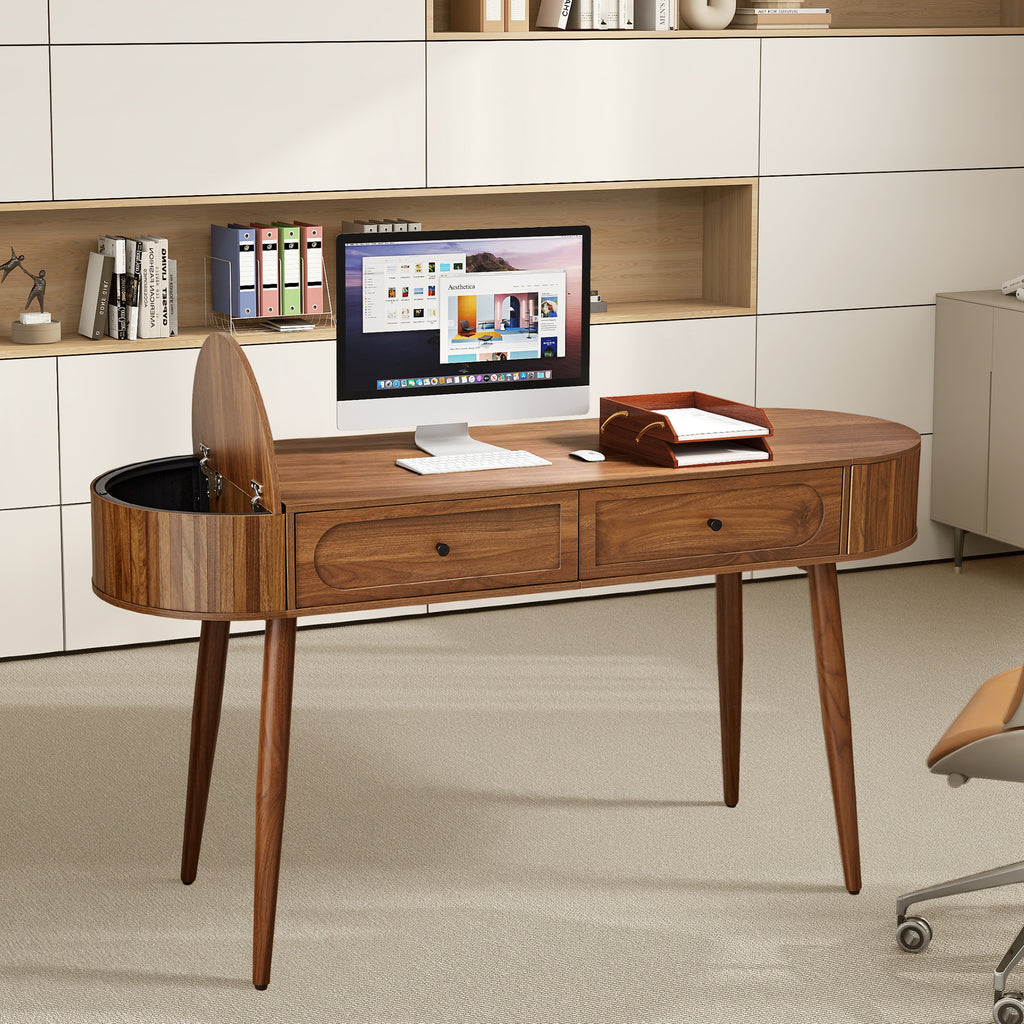 YOCWO Modern Home Office Desk with 2 Drawers and 2 Fflip-top Storage, Oval Computer PC Desk Table, Vanity Desk with Fluted Curved Table Edge