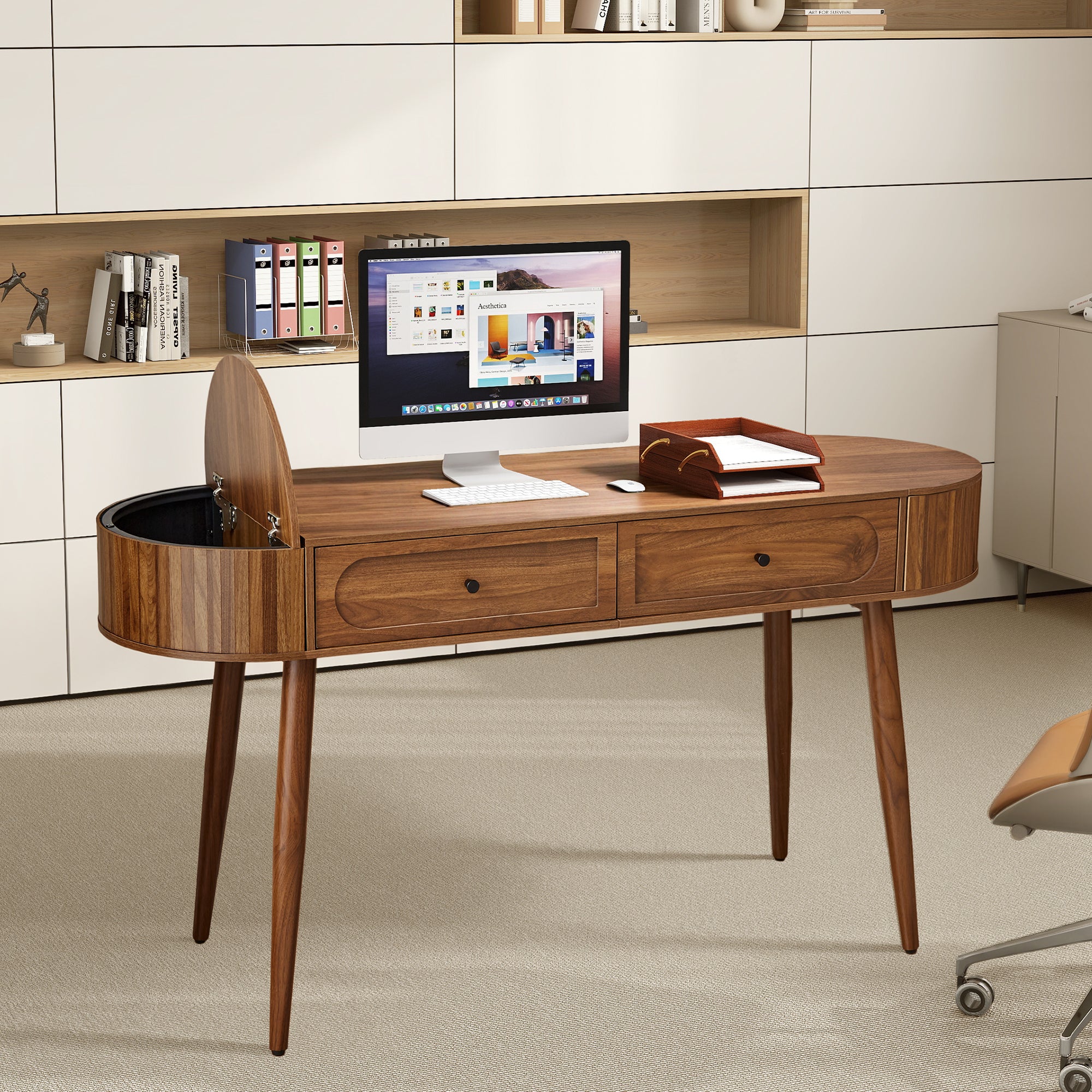 YOCWO Modern Home Office Desk with 2 Drawers and 2 Fflip-top Storage, Oval Computer PC Desk Table, Vanity Desk with Fluted Curved Table Edge