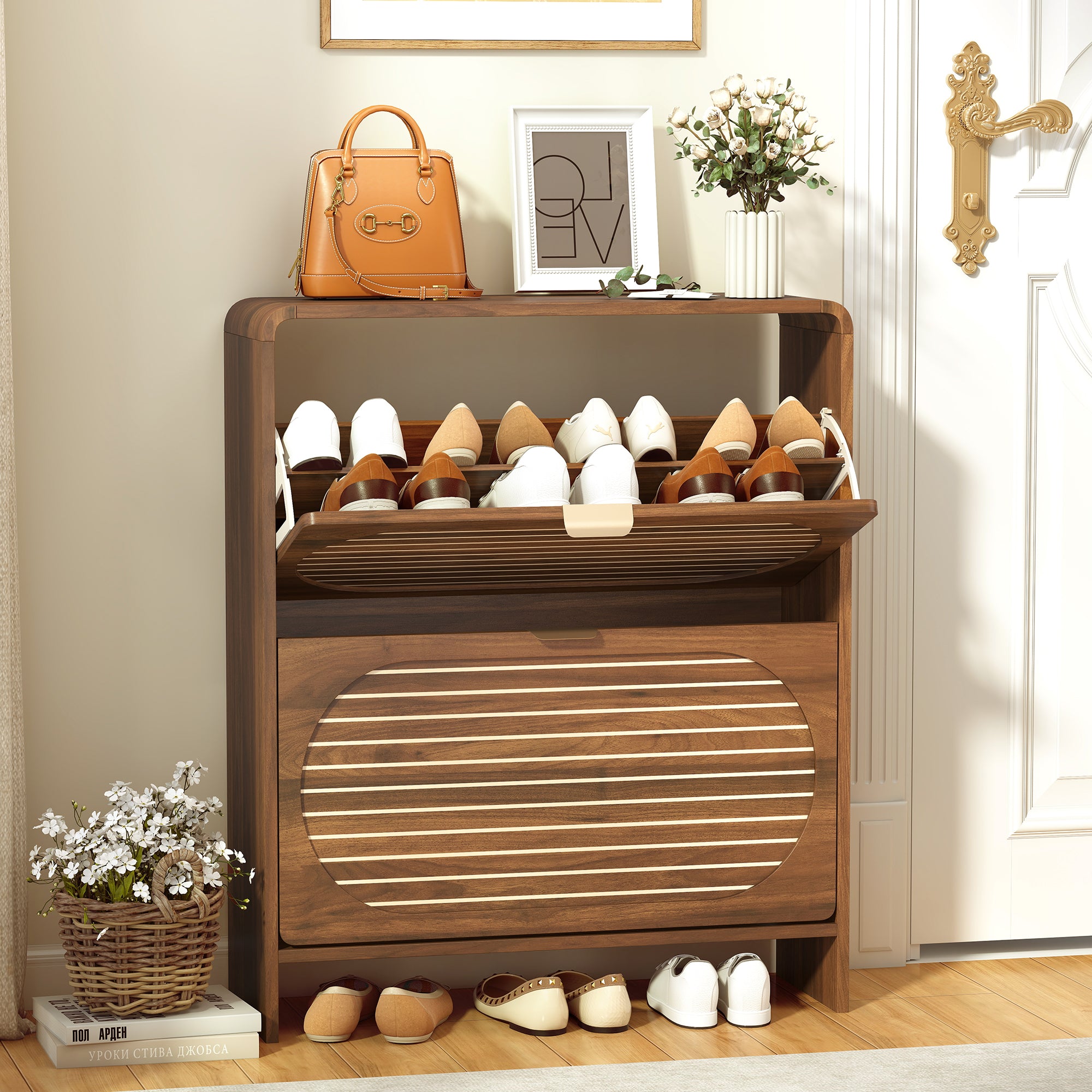 YOCWO Shoe Storage Cabinet with 2 Flip Drawers for Entryway, Shoe Rack Organizer with Printed Oval Line Pattern
