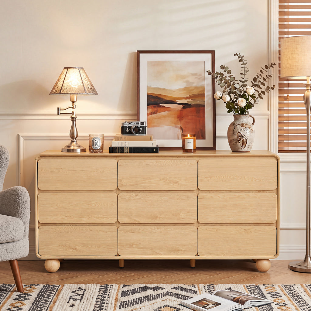 YOCWO 9 Drawer Dresser for Bedroom, Mid Century Chest of Drawers with Arc Edge and Round Leg, Wood Storage Large Dresser Organizer for Bedroom Living Room Hallway Closet