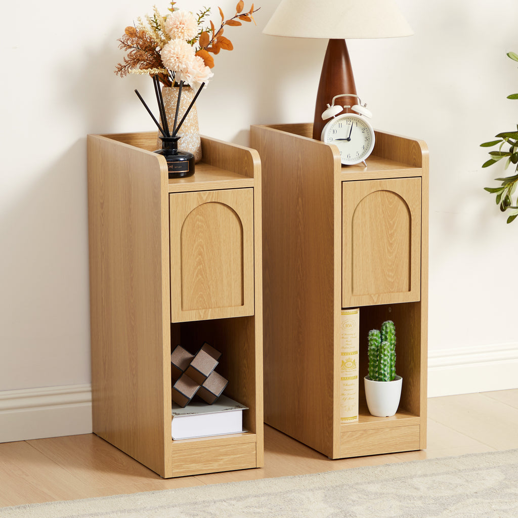 7.87" Ultra Narrow Nightstand Set of 2 with Drawer and Open Shelf, Arched Pattern Design Bedside Table for Bedroom