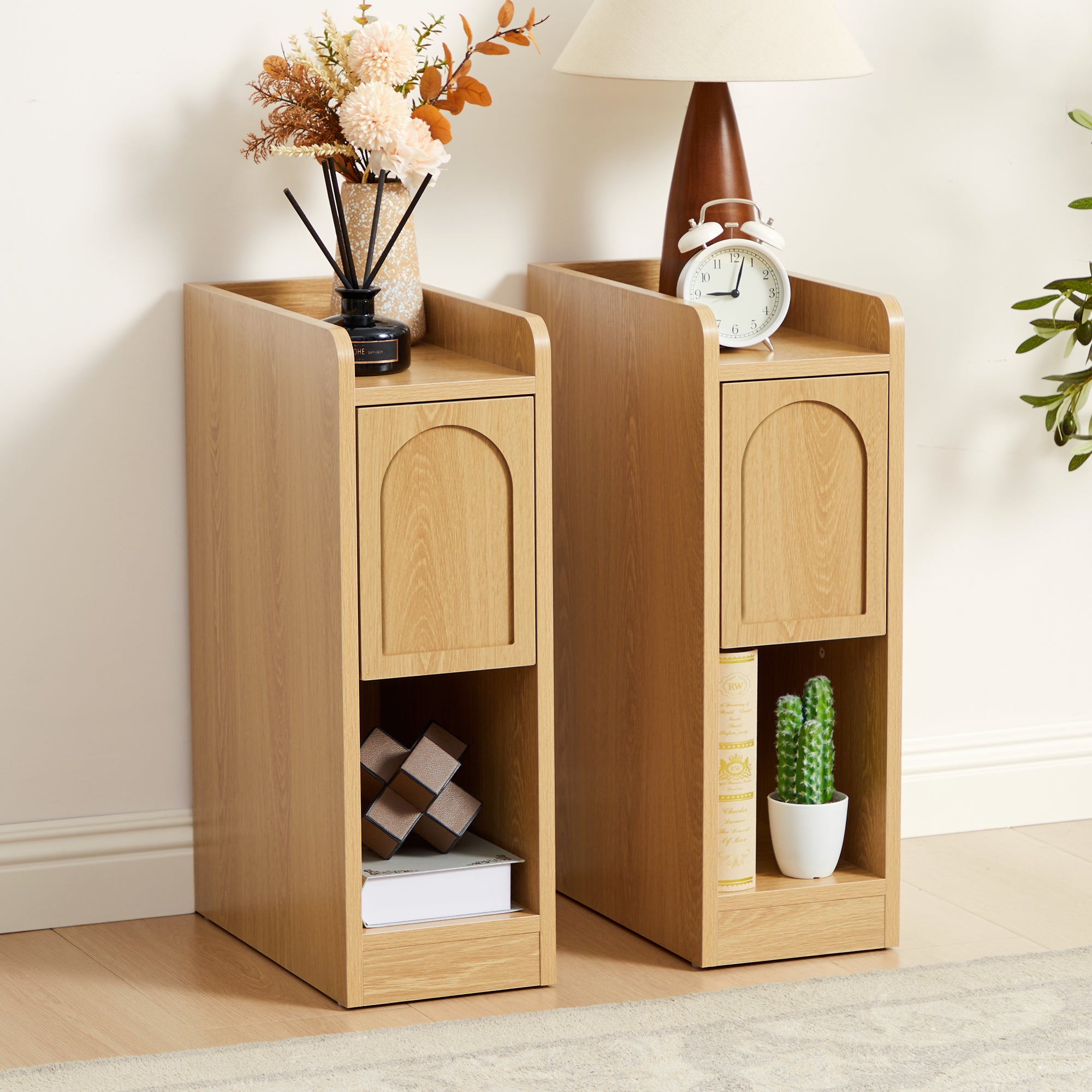 7.87" Ultra Narrow Nightstand Set of 2 with Drawer and Open Shelf, Arched Pattern Design Bedside Table for Bedroom