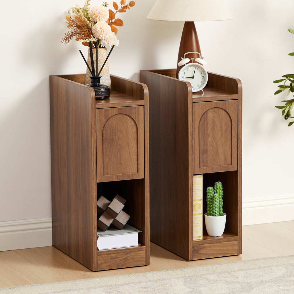 7.87" Ultra Narrow Nightstand Set of 2 with Drawer and Open Shelf, Arched Pattern Design Bedside Table for Bedroom