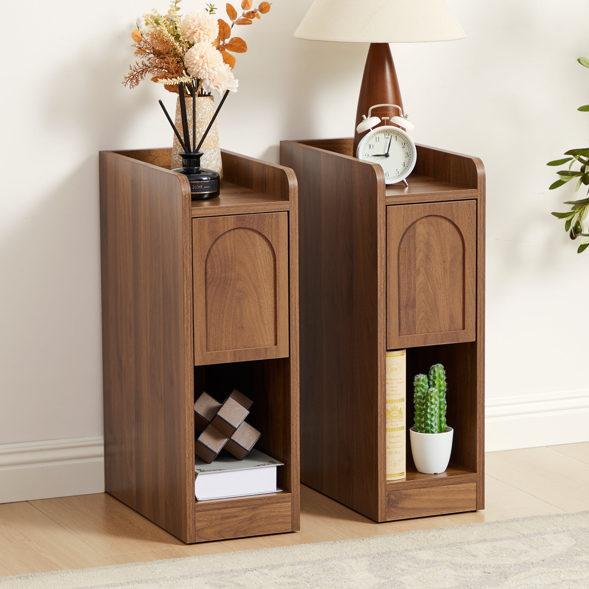 7.87" Ultra Narrow Nightstand Set of 2 with Drawer and Open Shelf, Arched Pattern Design Bedside Table for Bedroom