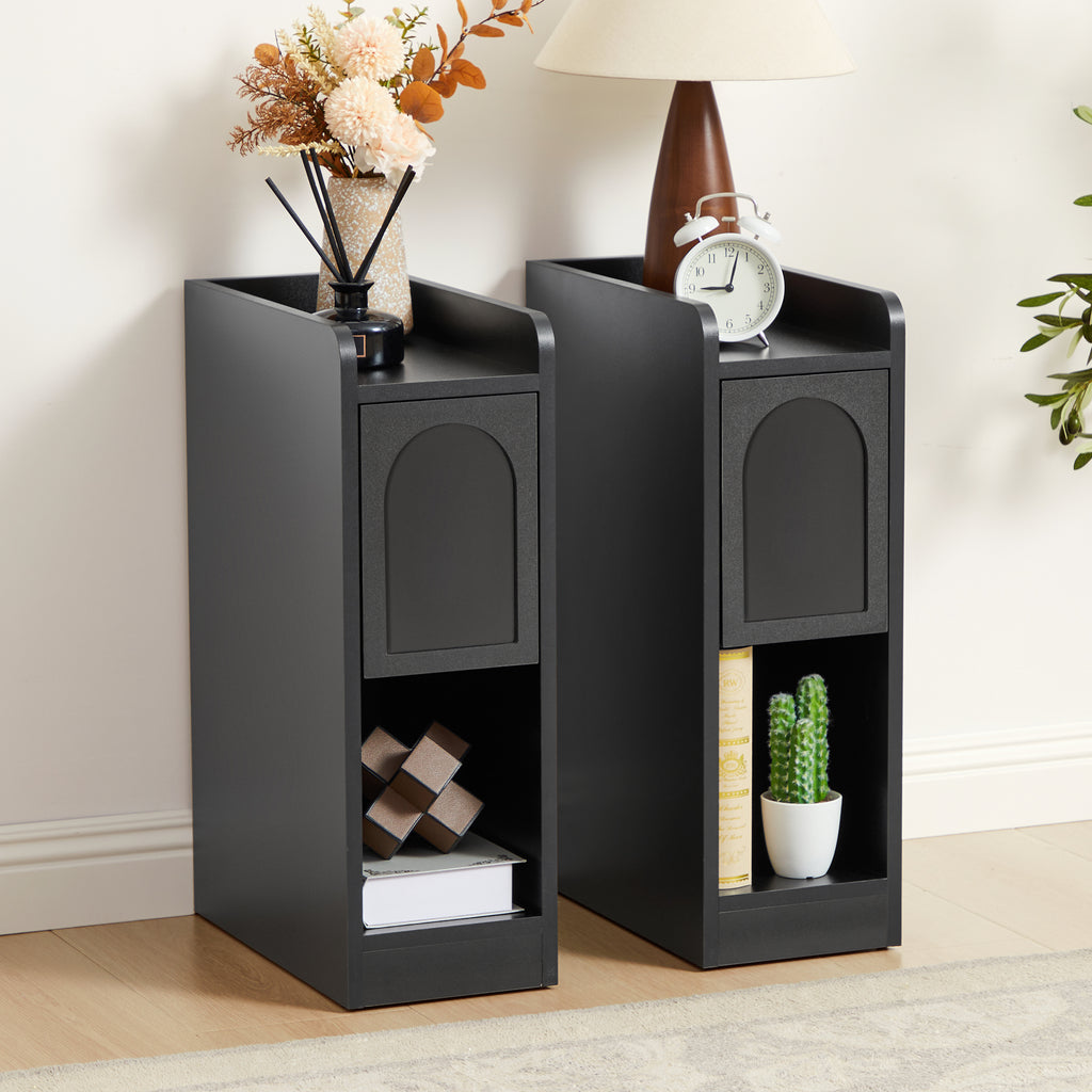 7.87" Ultra Narrow Nightstand Set of 2 with Drawer and Open Shelf, Arched Pattern Design Bedside Table for Bedroom