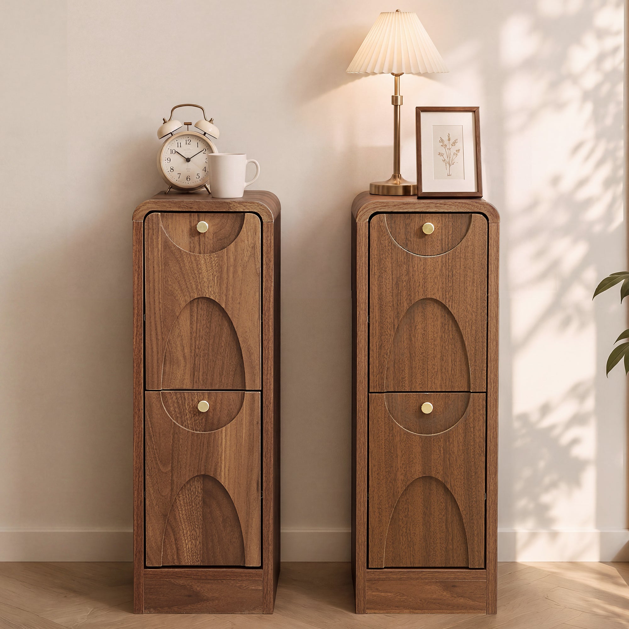 7.87" Ultra Narrow Nightstand with 2 Drawer, Slim End Table with Arched Pattern Design Bedside Table for Bedroom