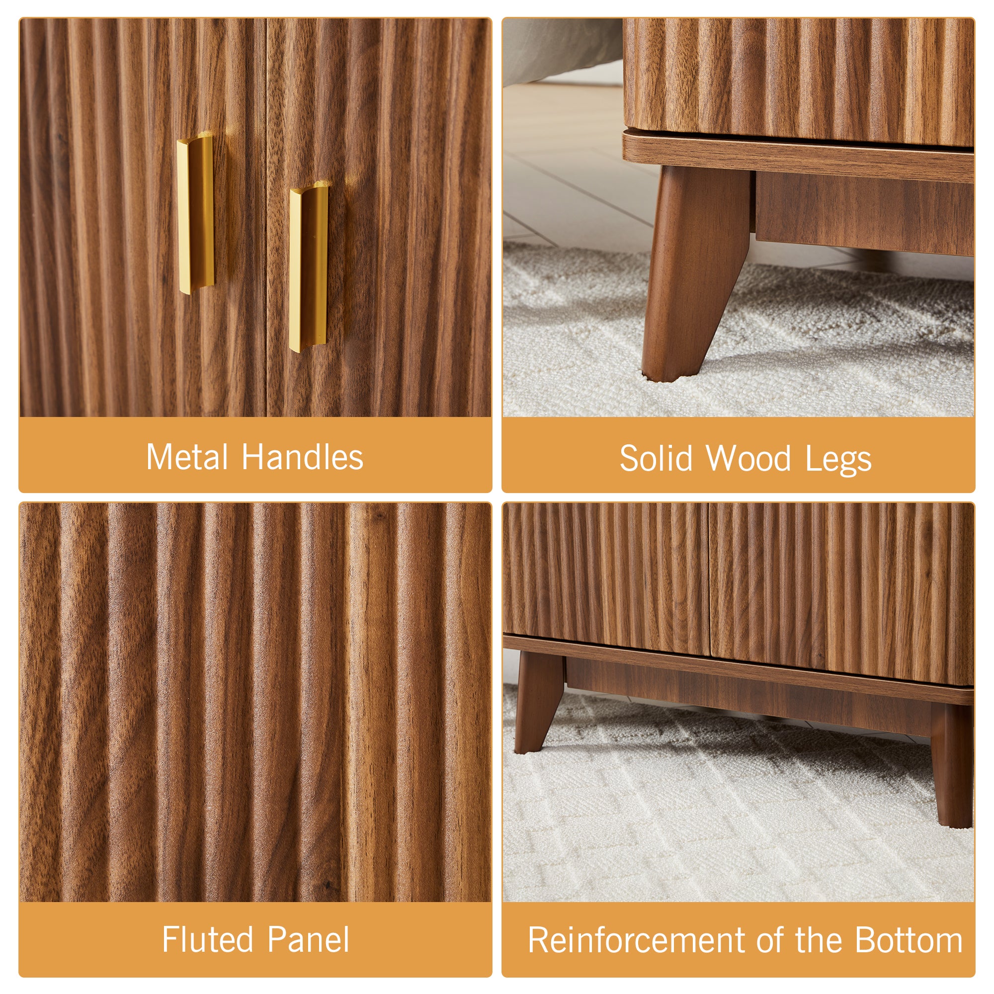 YOCWO Fluted Square Nightstand with Charging Station for Bedroom, Wood End Table with 2 Door for Living Room