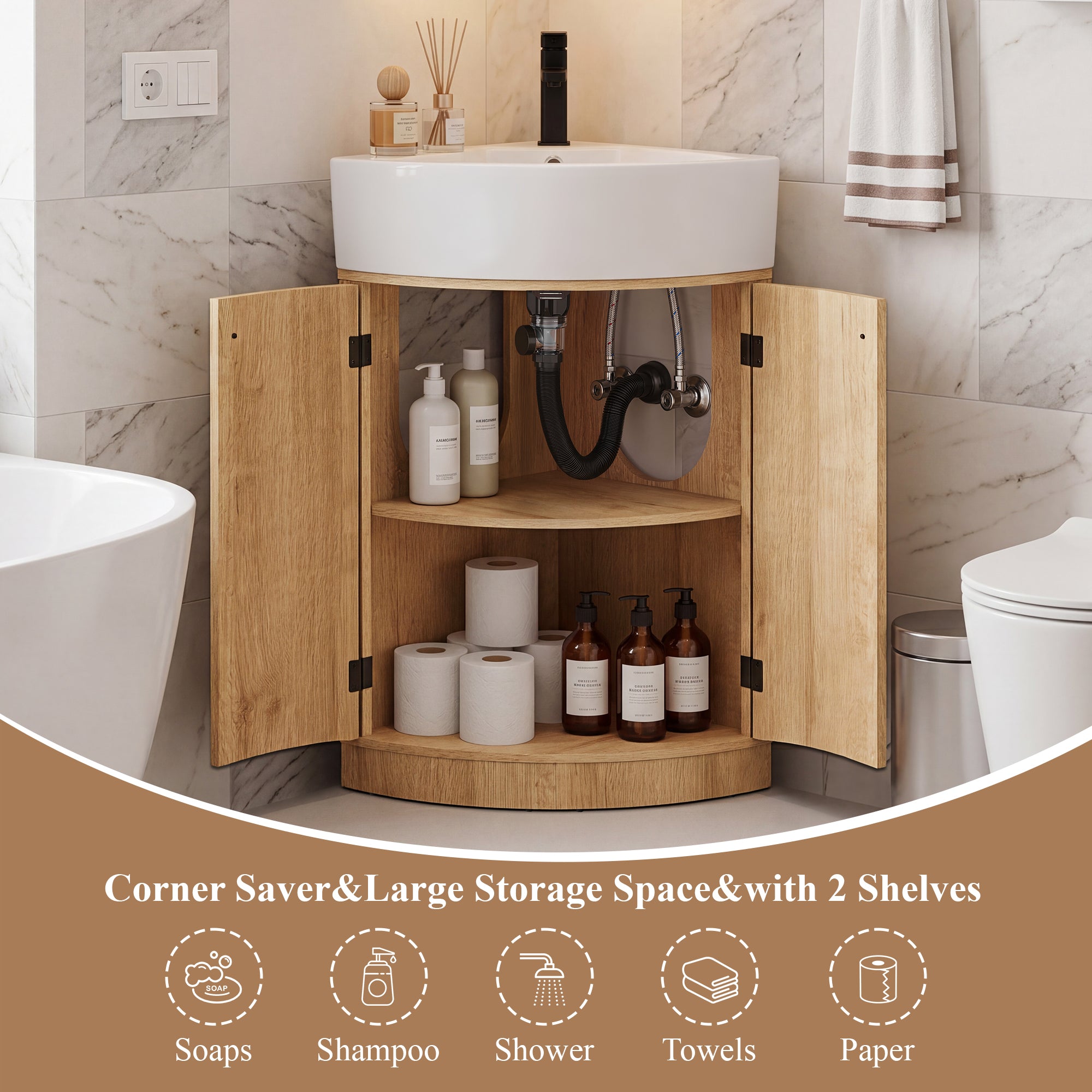 YOCWO Fluted Corner Bathroom Vanity with Sink,Freestanding Space-Saving Bathroom Vanity Sink Combo, Wall Drainage Only, Floor Drainage NO
