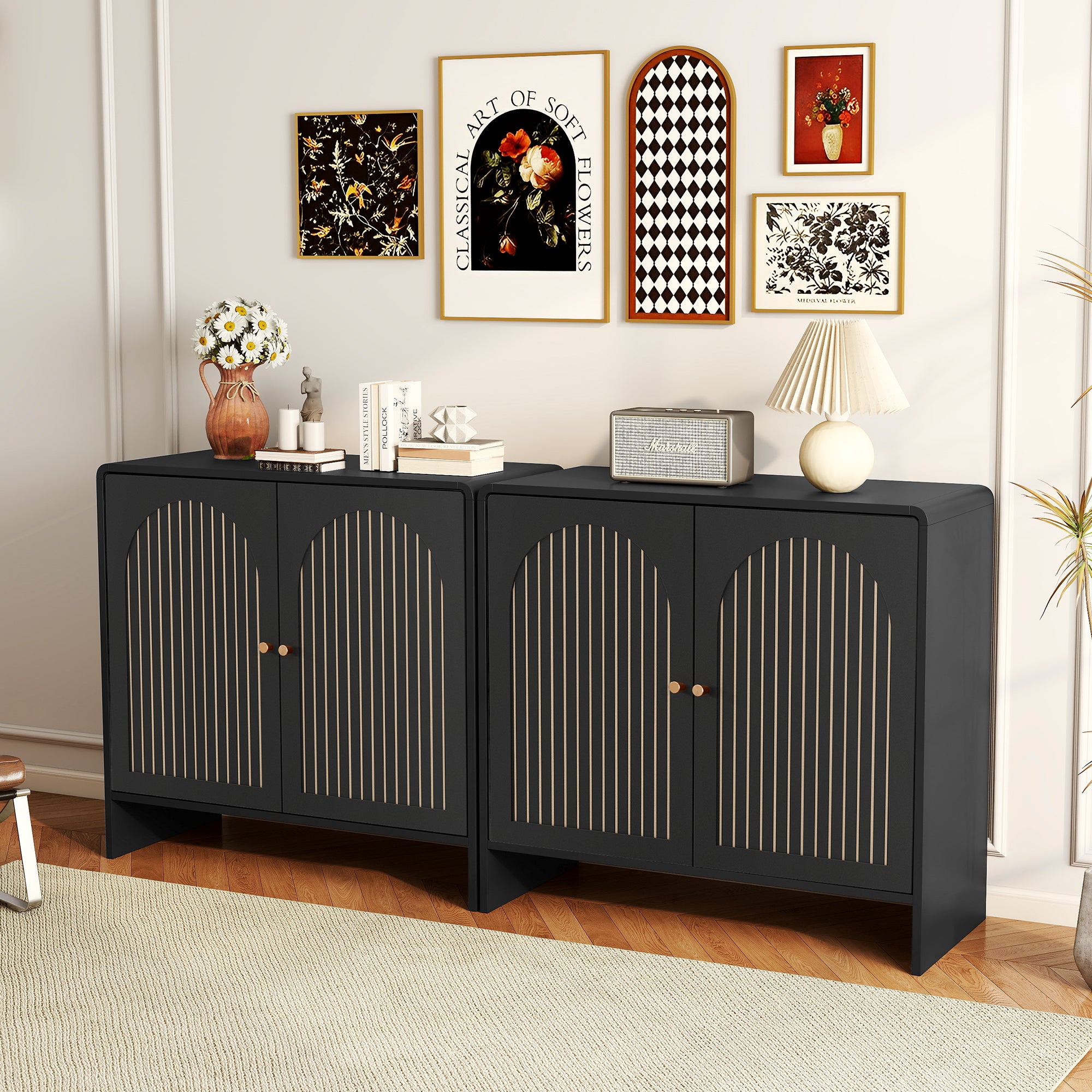 Accent Cabinet with Printed Arched Line Pattern, Modern Buffet Sideboard with Adjustable Shelves, Decorative Storage Cabinets for Bedroom Living Room Kitchen Office Entryway and Hallway