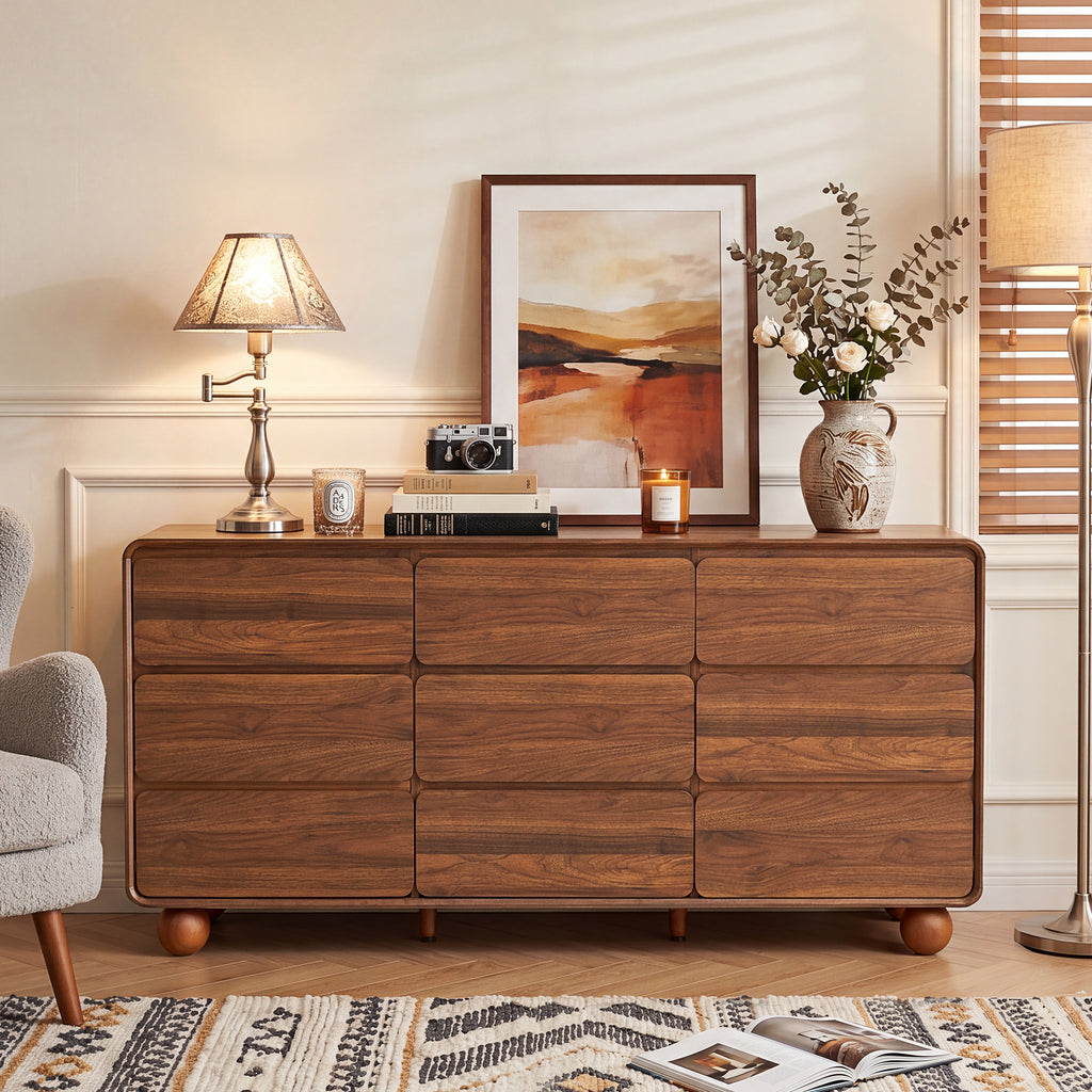 YOCWO 9 Drawer Dresser for Bedroom, Mid Century Chest of Drawers with Arc Edge and Round Leg, Wood Storage Large Dresser Organizer for Bedroom Living Room Hallway Closet