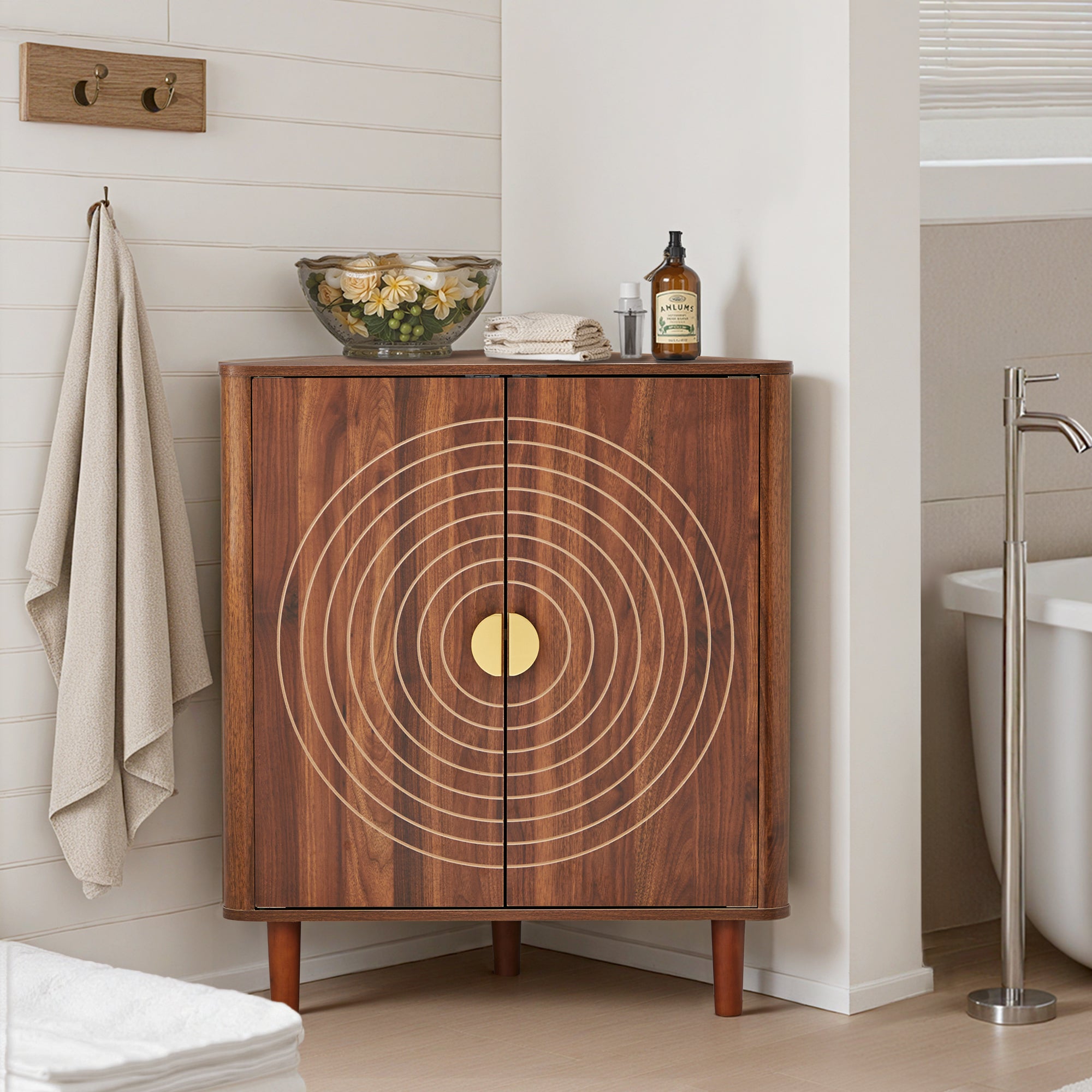 YOCWO Corner Storage Cabinet with Doors, Triangle Wood Floor Freestanding Storage Cabinet with Round Carved Line for Living Room, Bathroom, Kitchen
